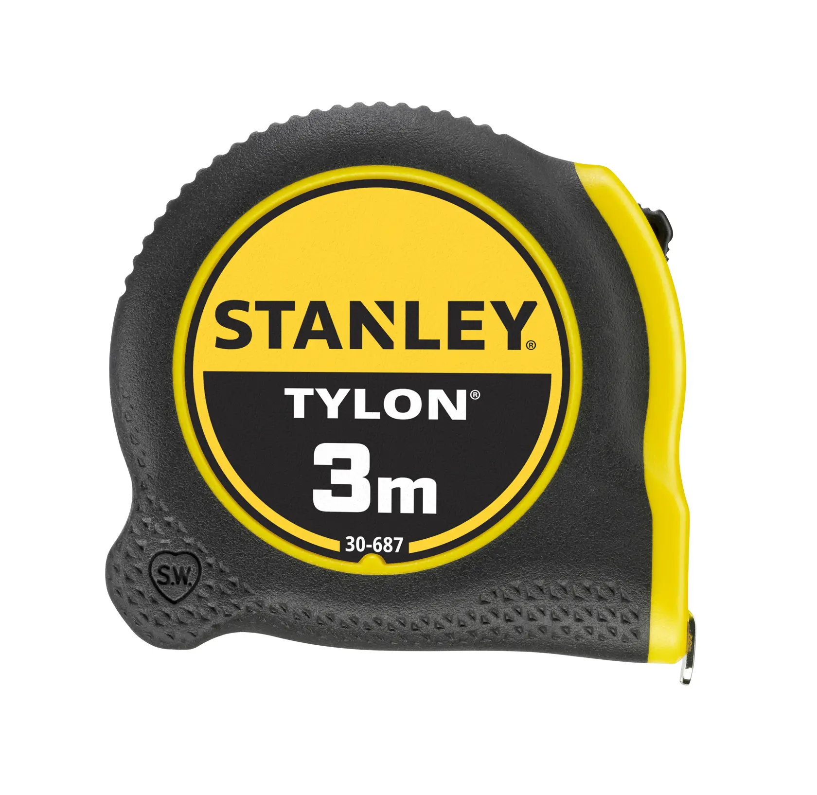 STANLEY 0-30-687 Tylon metro a nastro, 3m, nero e giallo, vista laterale, prodotto fotografia.