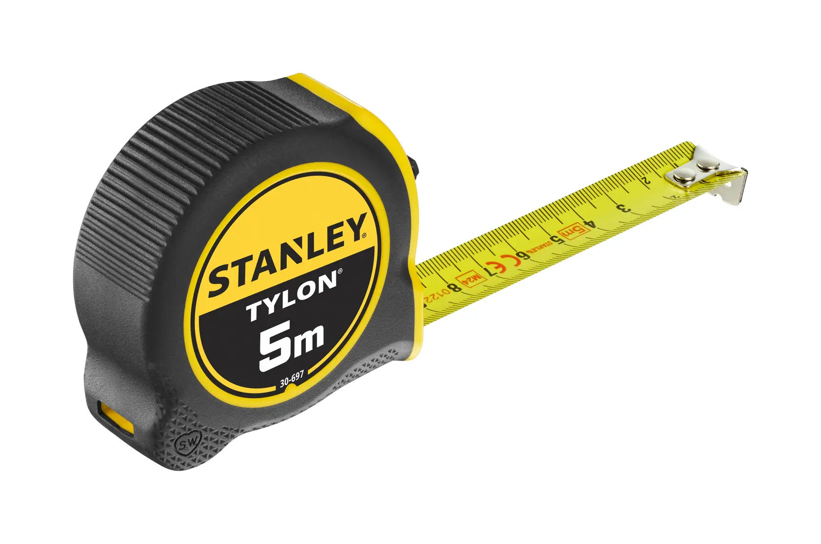 STANLEY 0-30-697 metro a nastro, Tylon 5m, nero e giallo, angolo laterale, lama estesa.