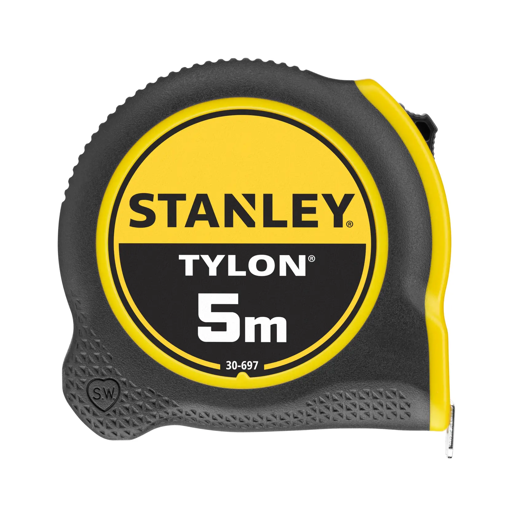 Stanley 0-30-697 metro a nastro, 5m, giallo e nero, fotografia prodotto, vista frontale su sfondo bianco.