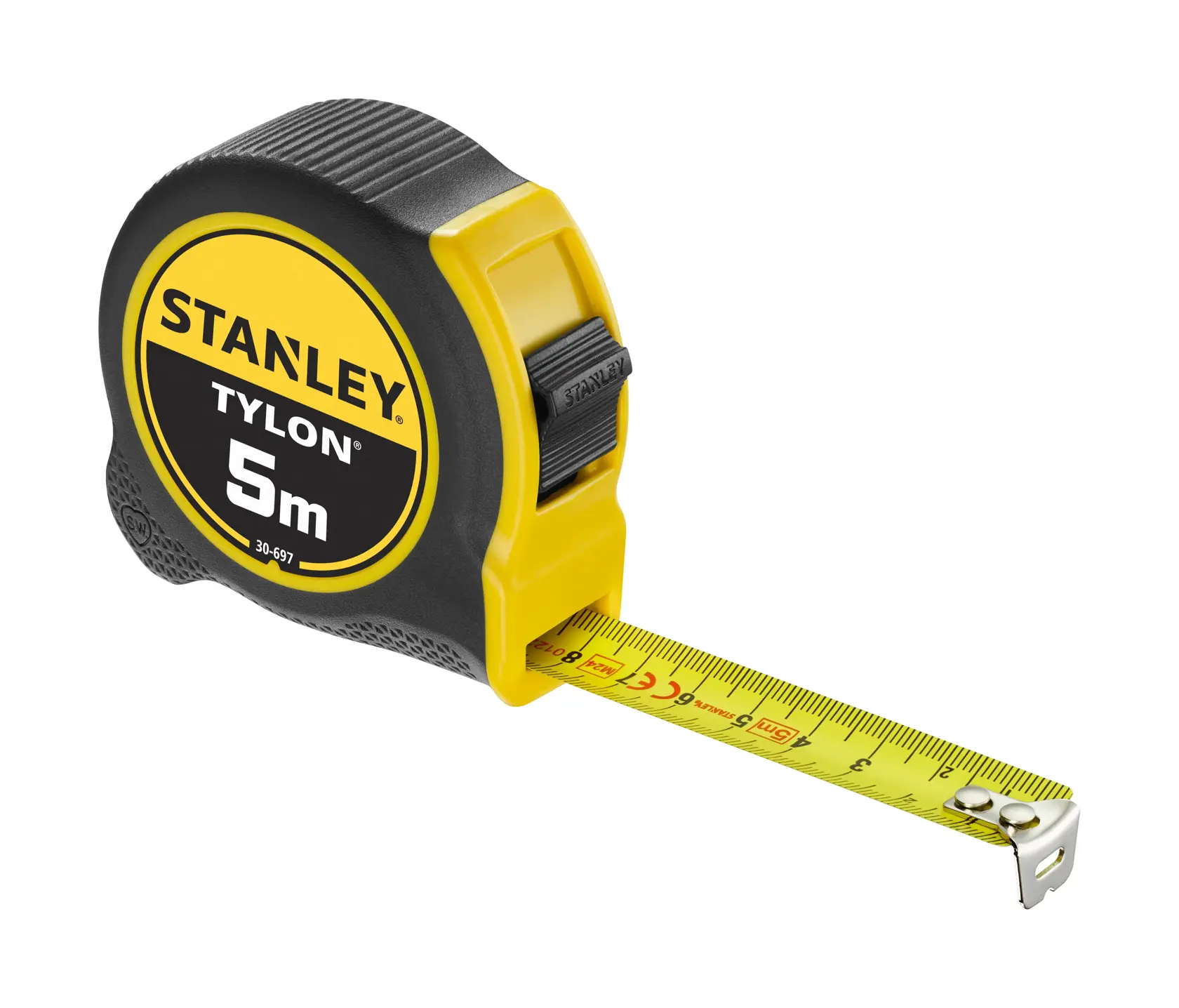 STANLEY 0-30-697 metro a nastro, giallo e nero, 5m, angolo laterale, lama estesa, fotografia.