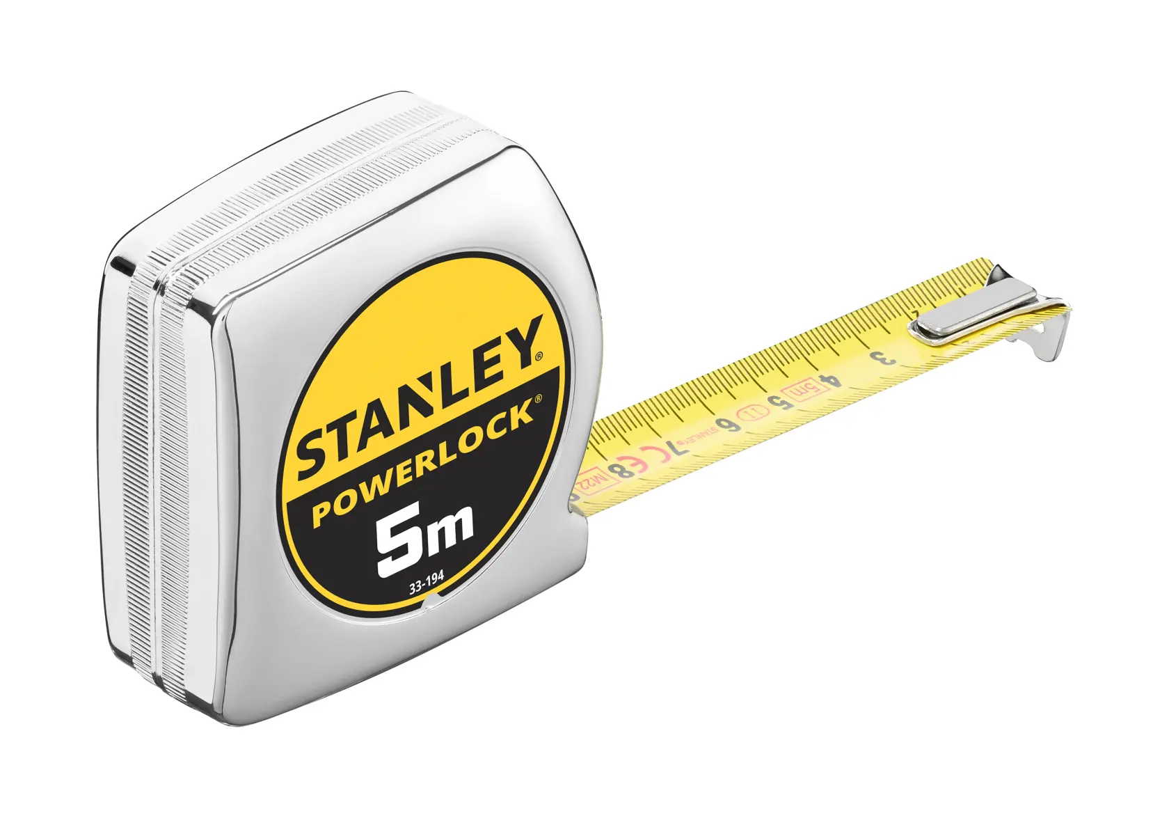STANLEY 0-33-194 metro a nastro, argento e giallo, 5m, vista laterale, lama gialla estesa.