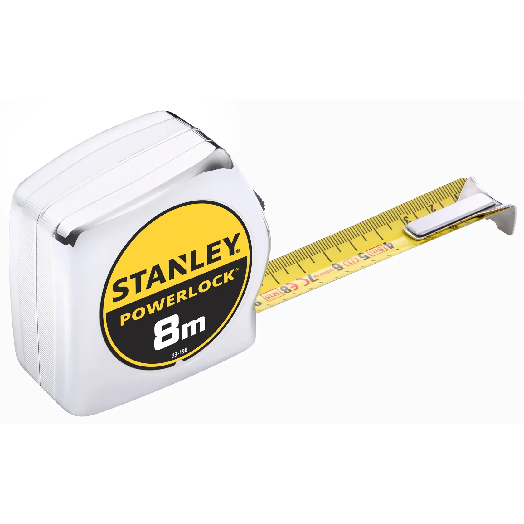 STANLEY 0-33-198 metro a nastro, 8 metri, giallo e argento, esteso, foto frontale.