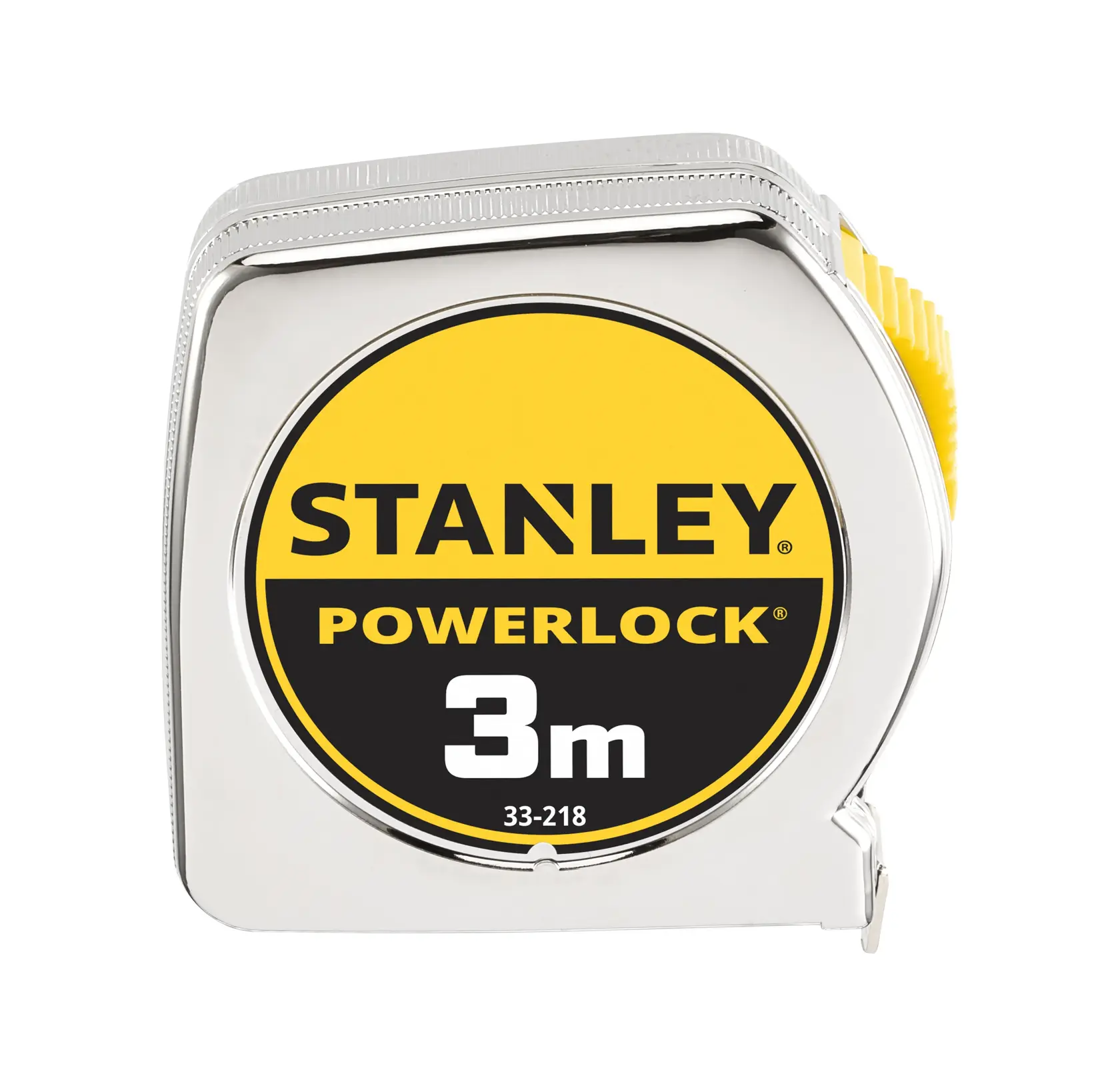 Foto del metro STANLEY 0-33-218 PowerLock 3m, custodia argento, vista frontale su sfondo bianco.
