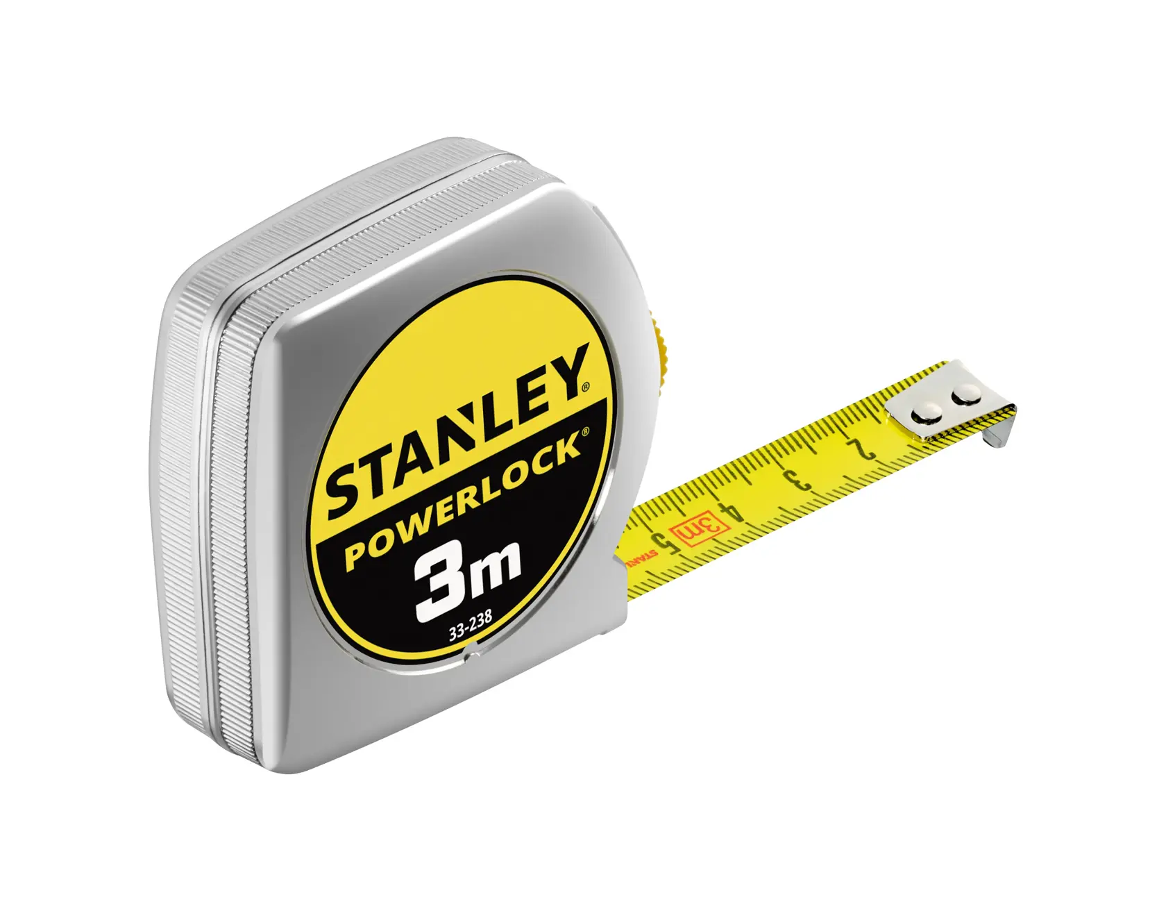 Stanley 0-33-238 PowerLock metro a nastro 3m, custodia argento, lama gialla, foto frontale.