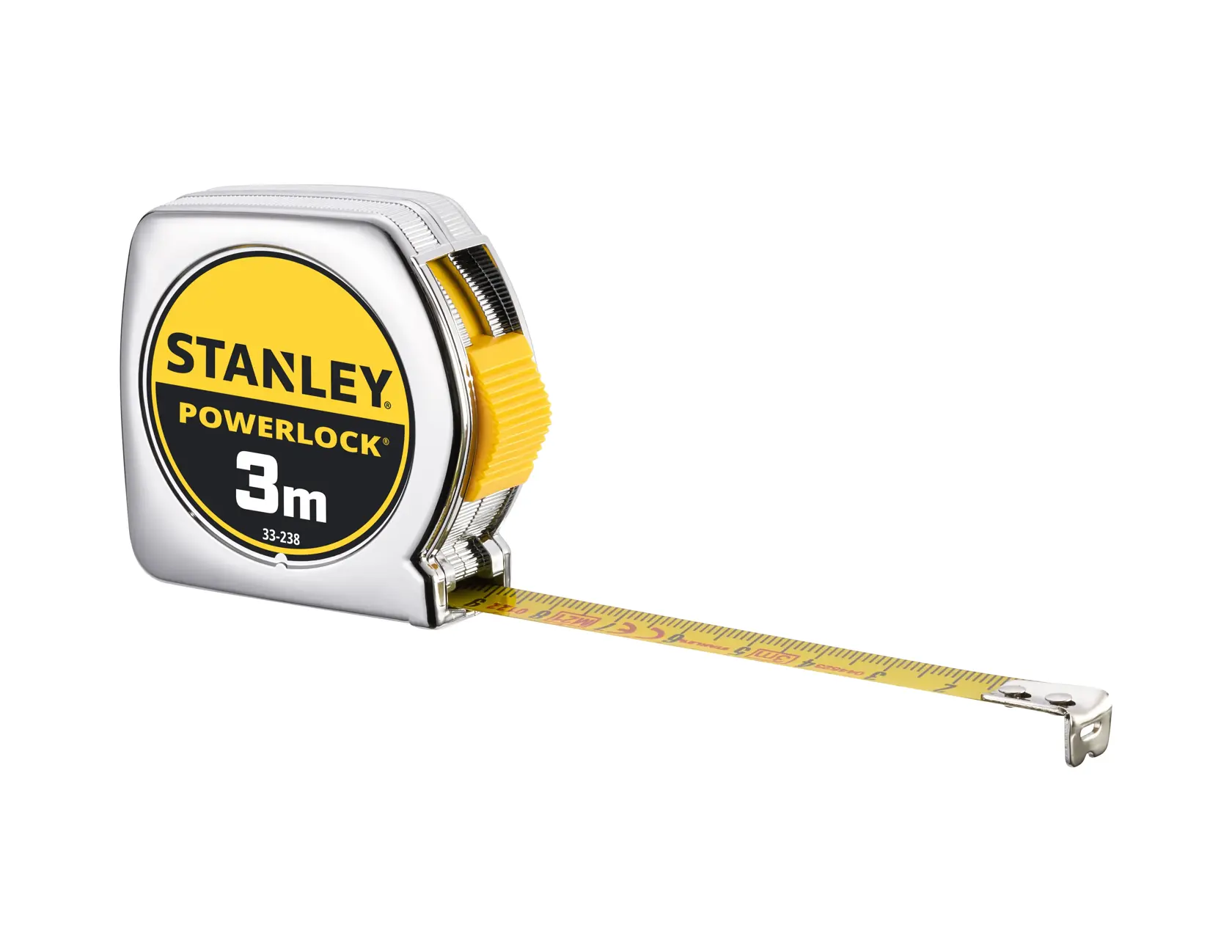 STANLEY 0-33-238 metro a nastro, giallo e cromato, 3m, serie PowerLock, vista frontale su sfondo bianco.