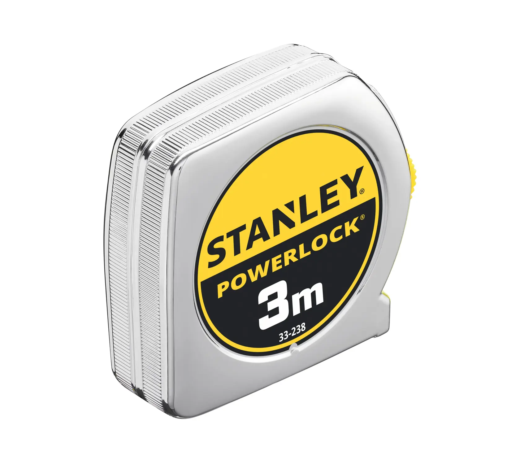 STANLEY 0-33-238 metro a nastro, Powerlock, 3m, argento e giallo, angolo prodotto su sfondo bianco.