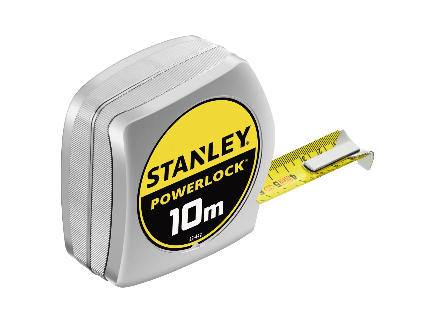 STANLEY 0-33-442 PowerLock metro a nastro, corpo argento, nastro giallo 10m, vista laterale, sfondo bianco.