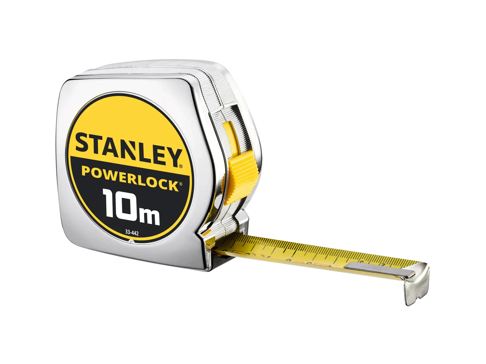 Foto del metro a nastro STANLEY 0-33-442 con cassa cromata, lama gialla, logo PowerLock, vista angolata su sfondo bianco.