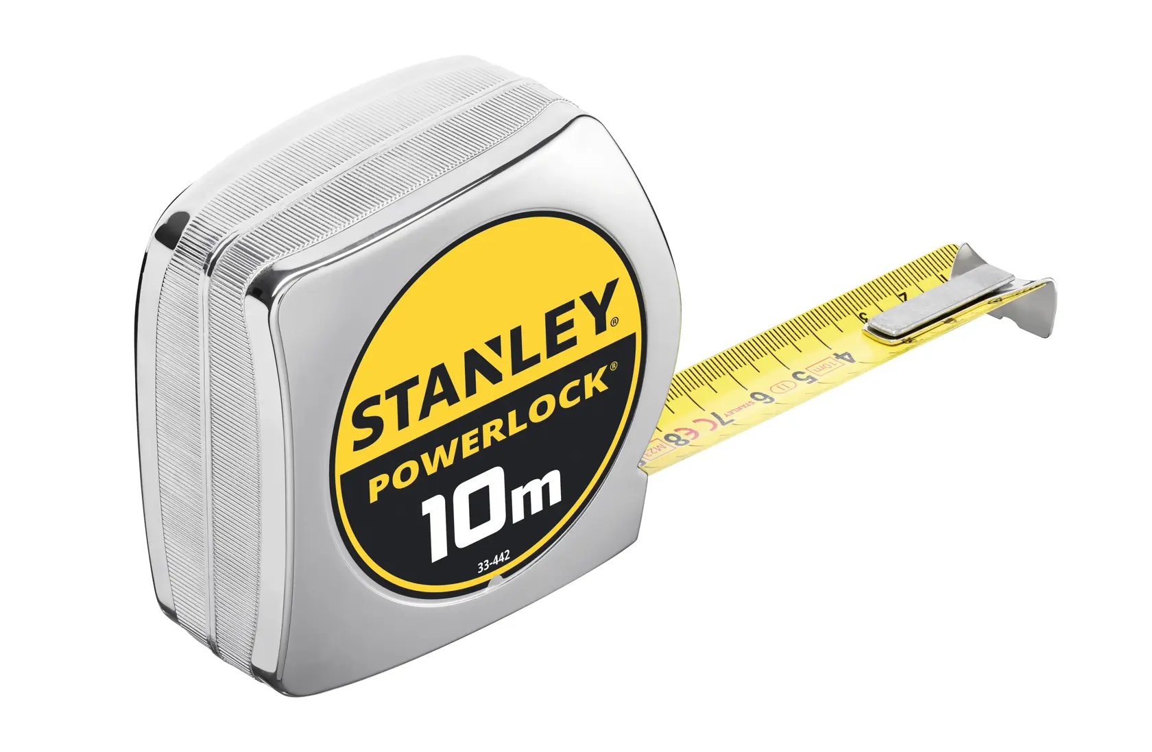 STANLEY 0-33-442 metro a nastro, giallo e cromato, lama da 10m, vista laterale su sfondo bianco.