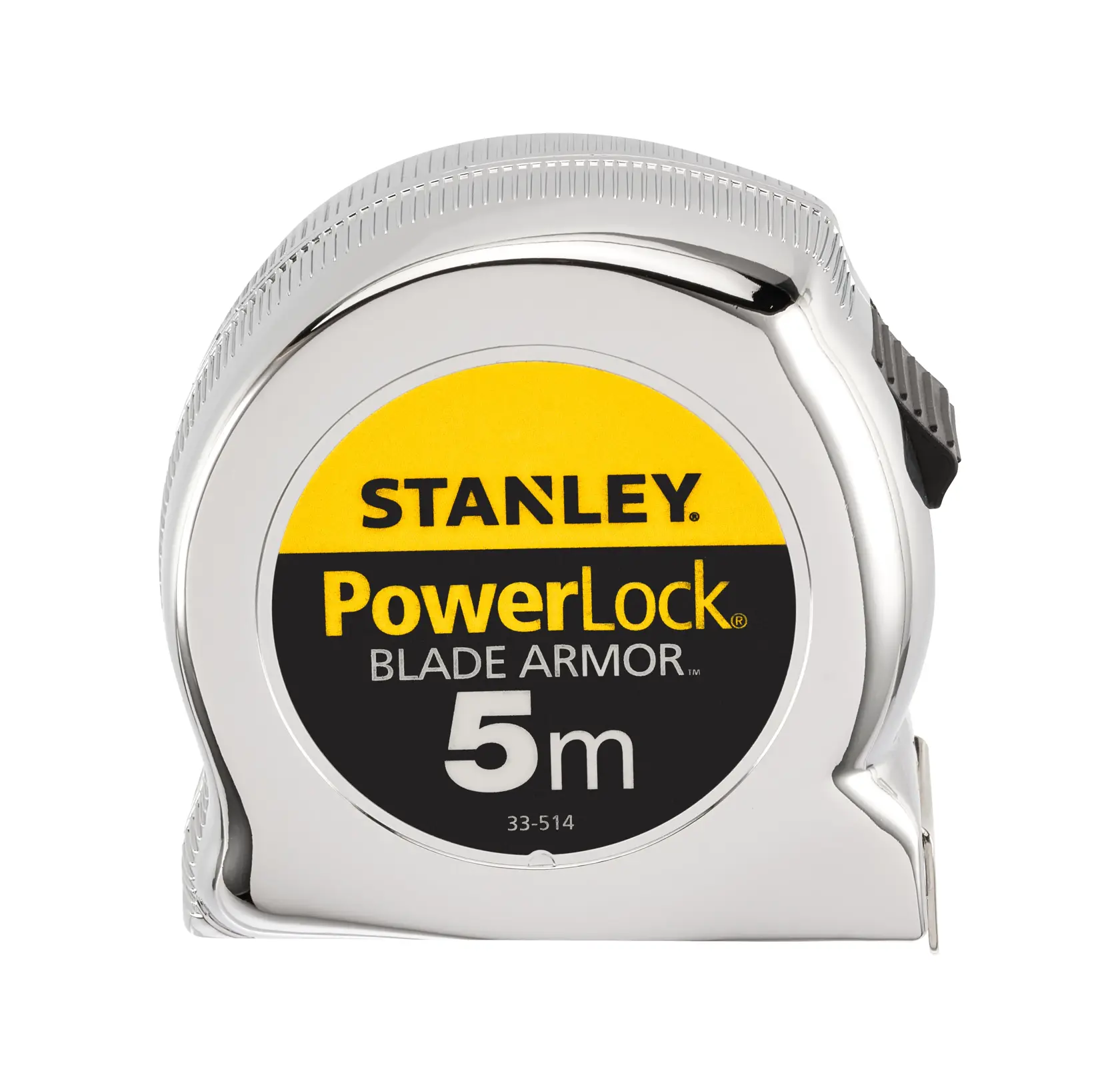 Foto del metro a nastro STANLEY 0-33-514 con custodia cromata, marchio PowerLock, 5m, vista frontale.