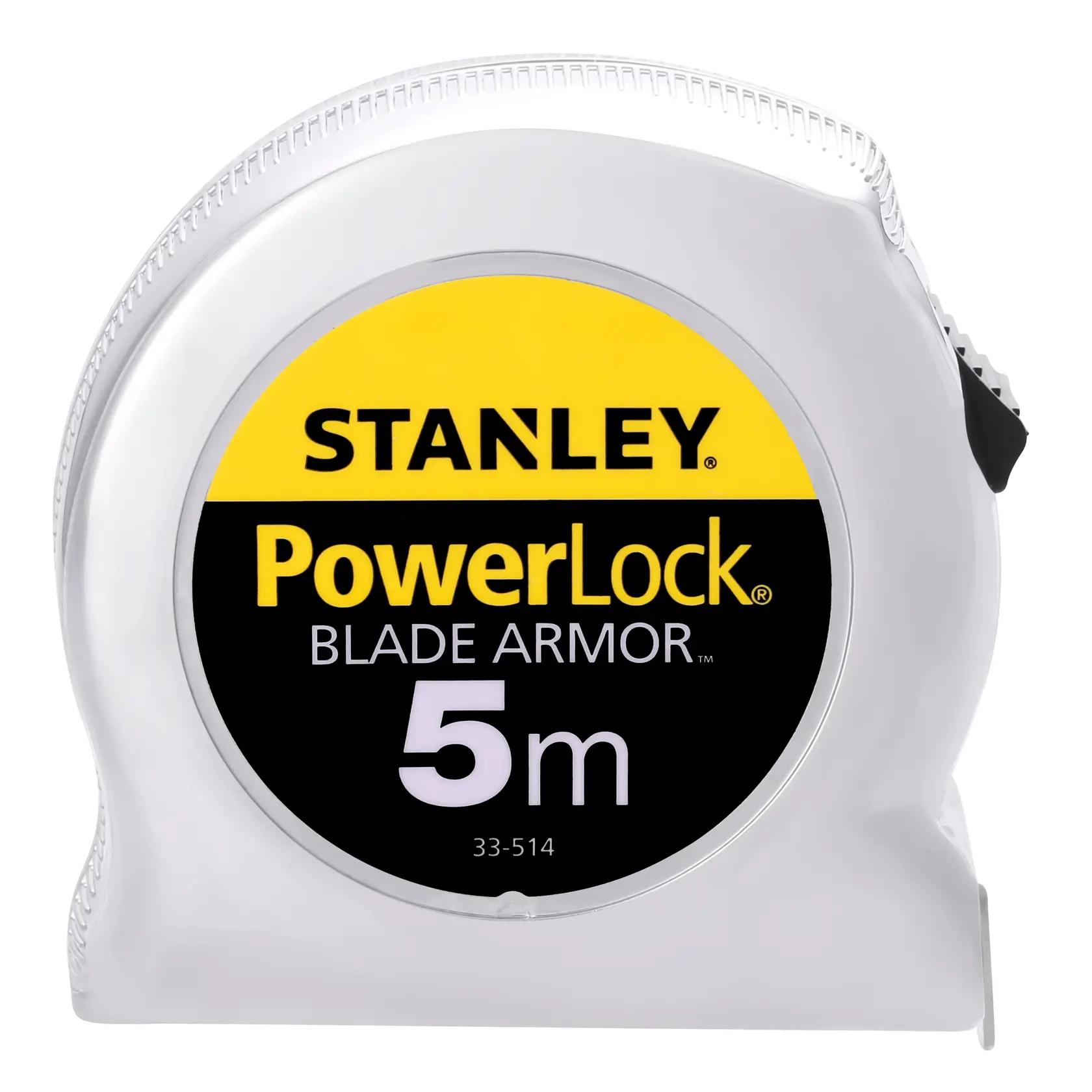 Foto del metro a nastro STANLEY PowerLock 5m, SKU 0-33-514, vista frontale, custodia argento con etichetta gialla e nera.