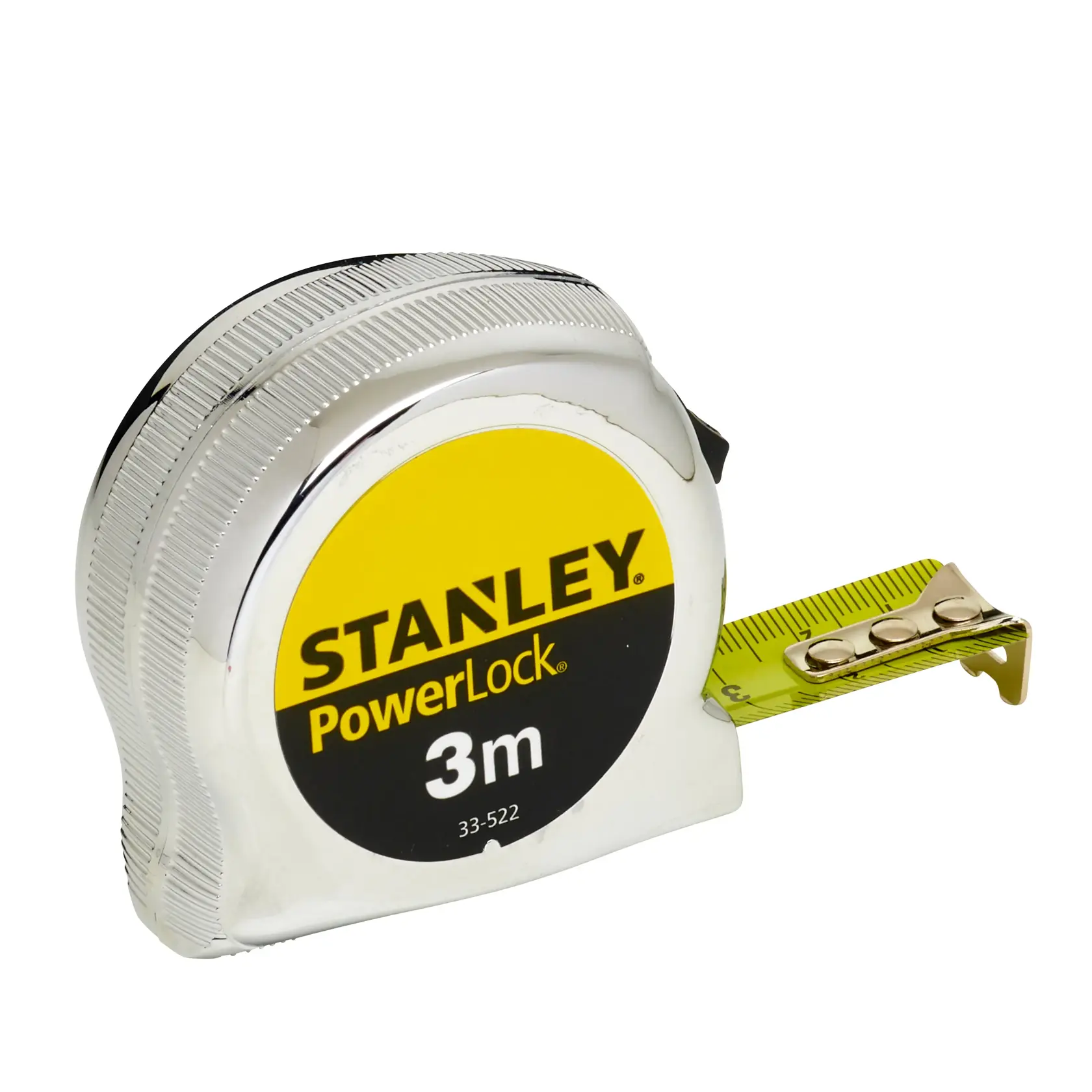 STANLEY 0-33-522 PowerLock metro a nastro, 3m, cromato e giallo, vista frontale, sfondo bianco.