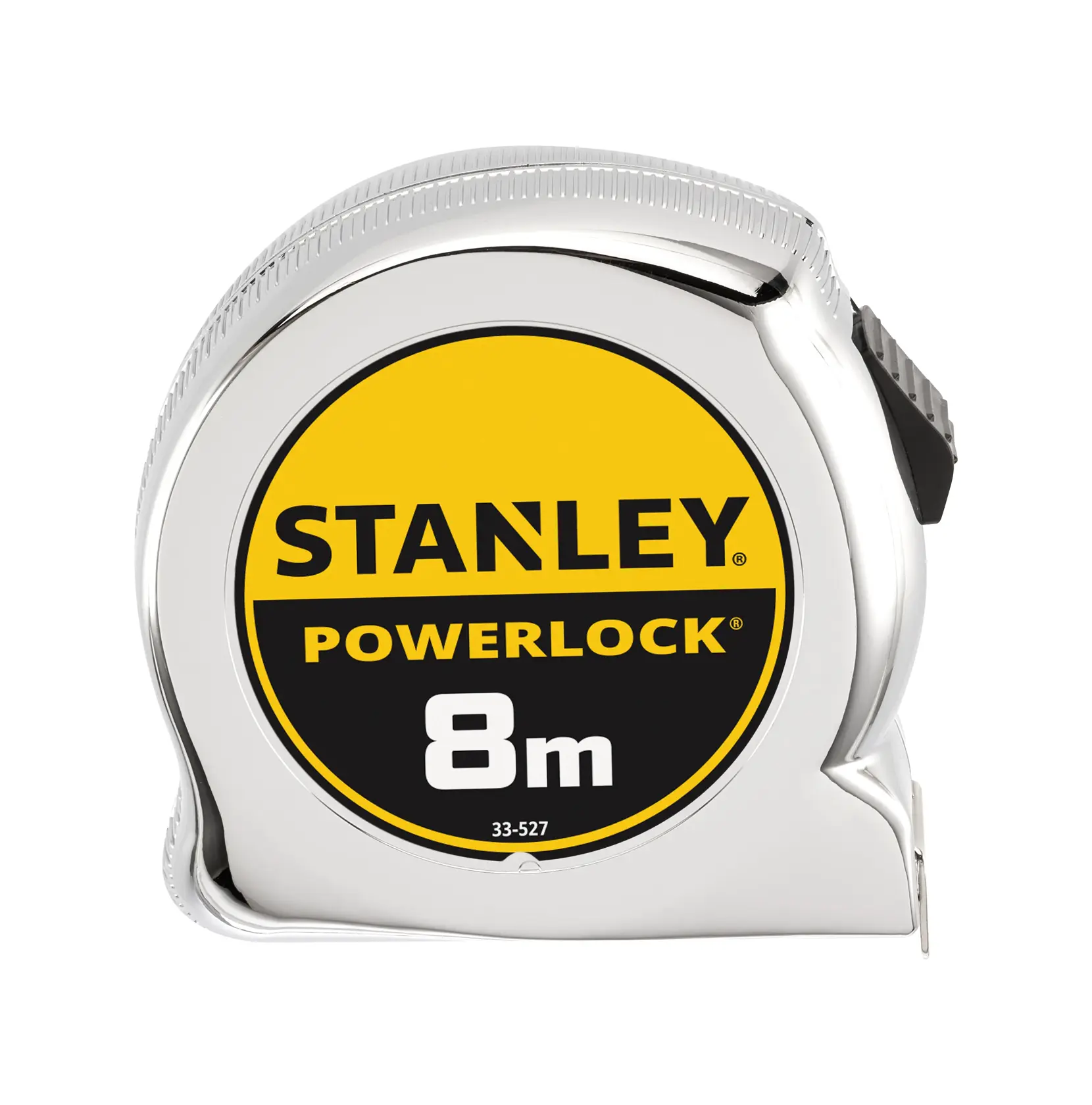 STANLEY 0-33-527 PowerLock Blade Armor metro a nastro 8m, vista laterale su sfondo bianco.