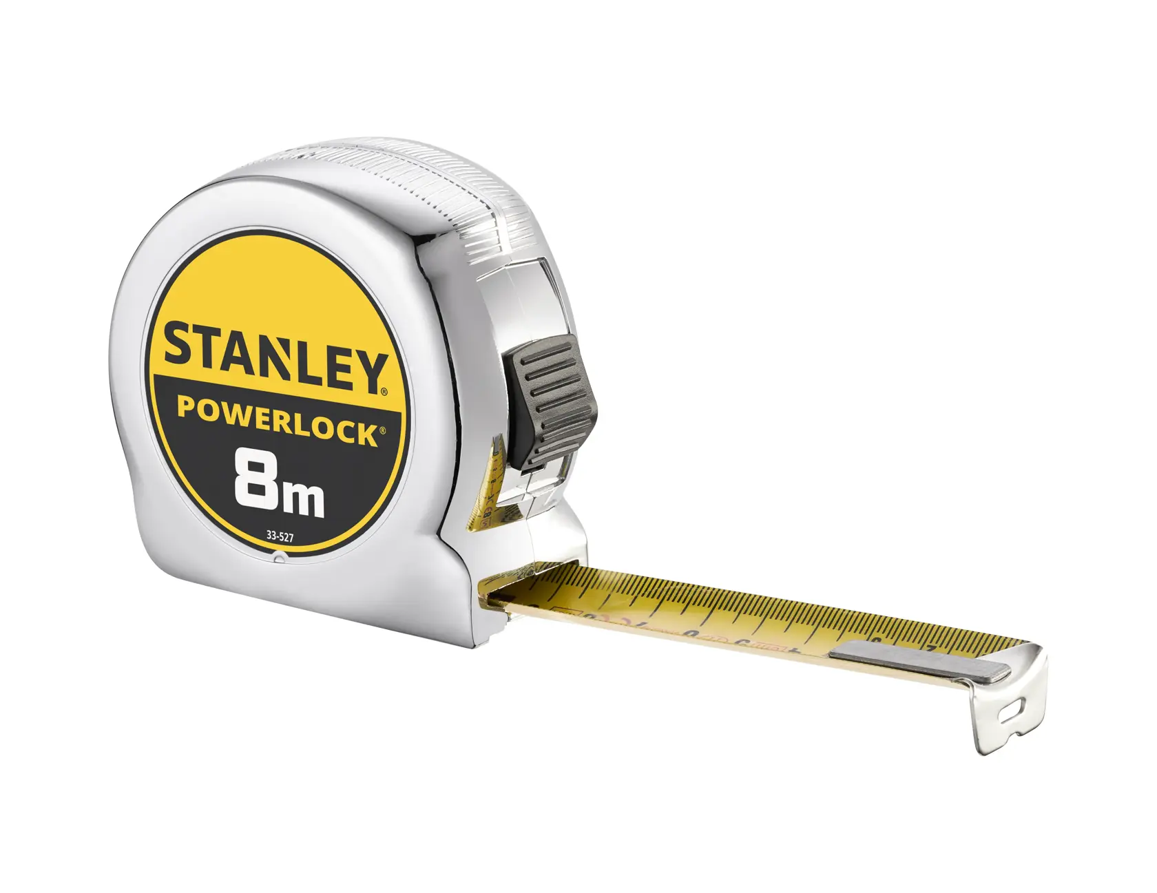 STANLEY 0-33-527 PowerLock metro a nastro, argento e giallo, angolo frontale, lama estesa.