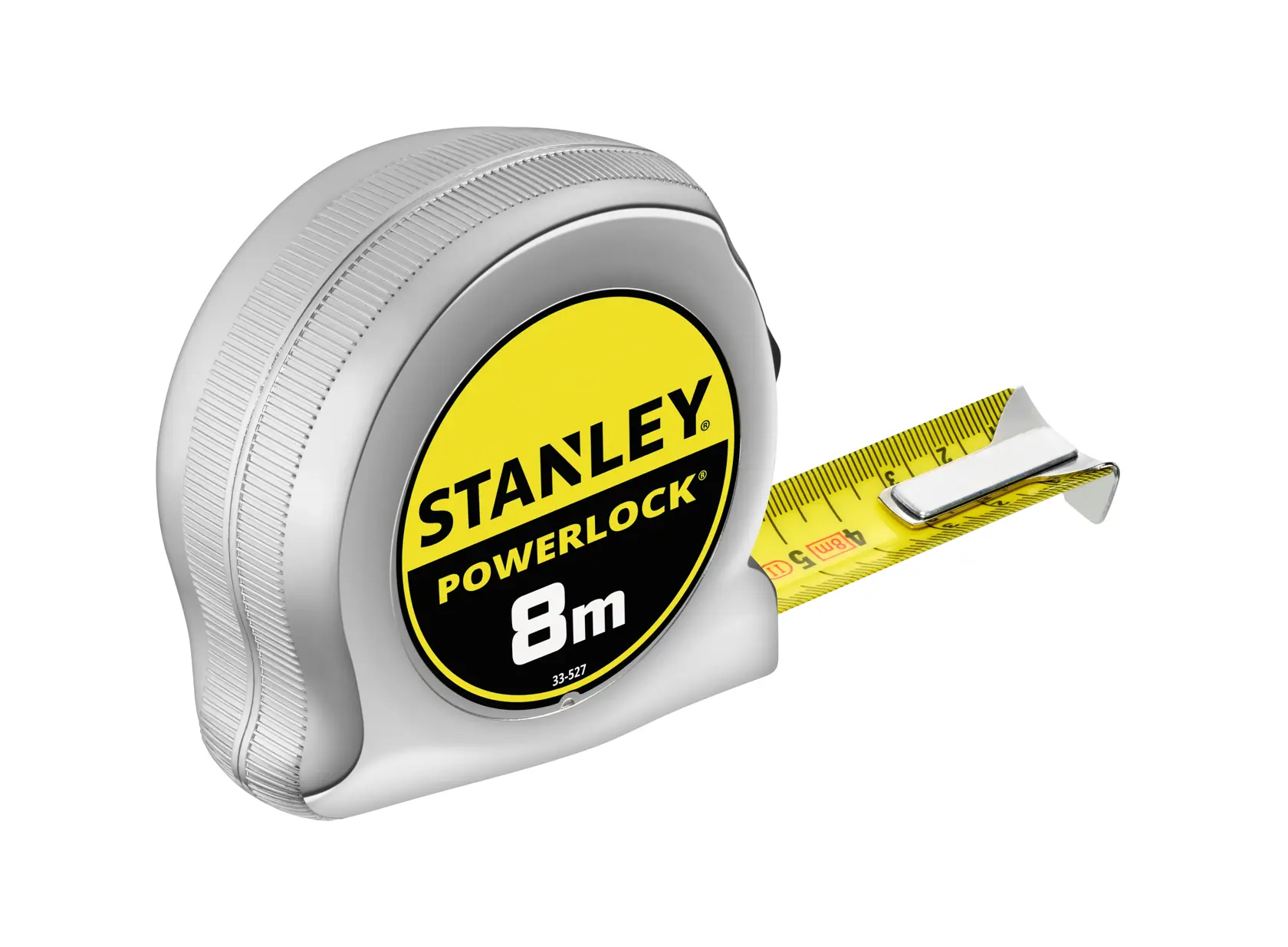 STANLEY 0-33-527 PowerLock metro a nastro Blade Armor, 8m, vista laterale su sfondo bianco.