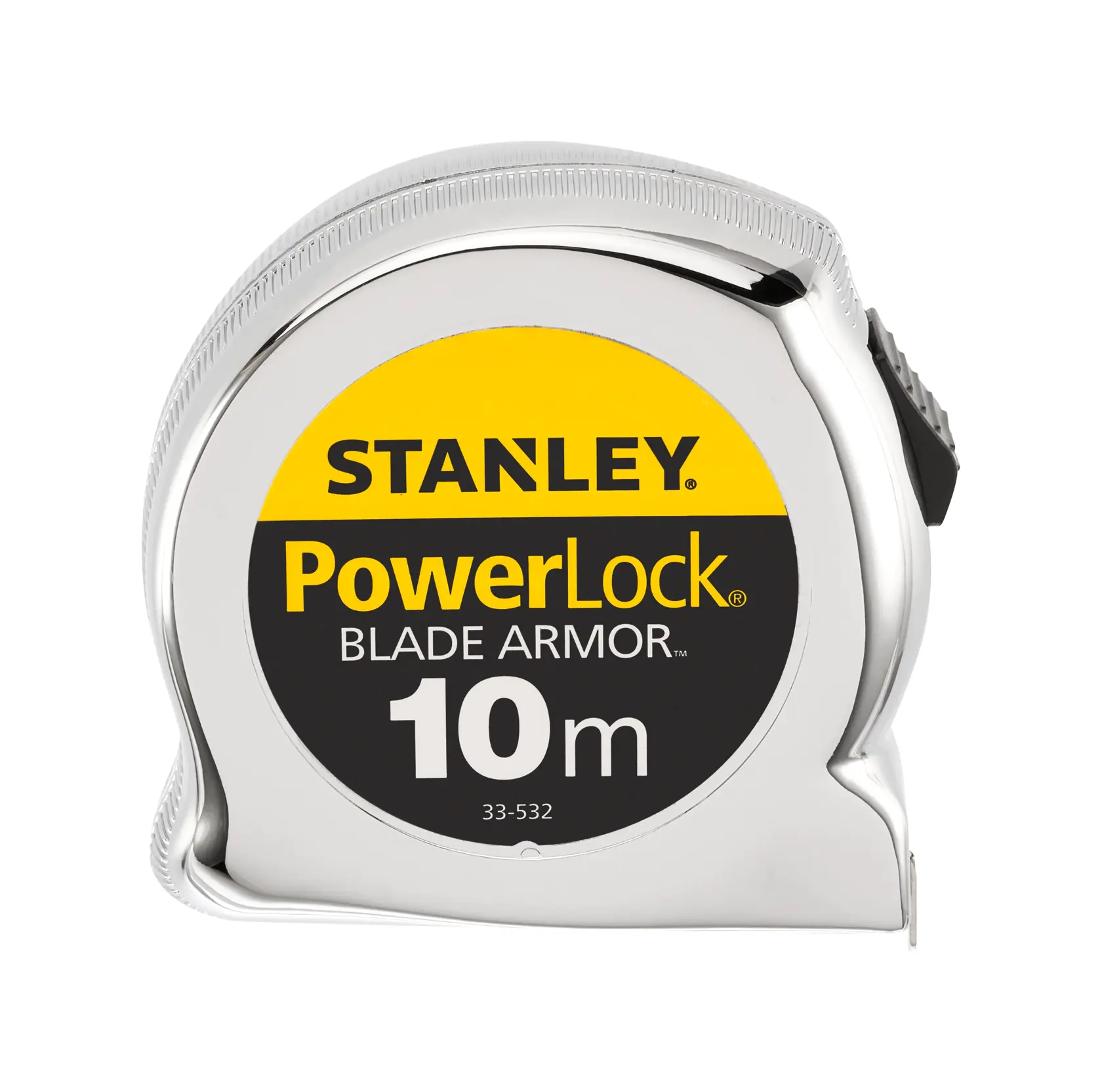 STANLEY 0-33-532 PowerLock Blade Armor 10m metro a nastro, custodia cromata, vista frontale, fotografia