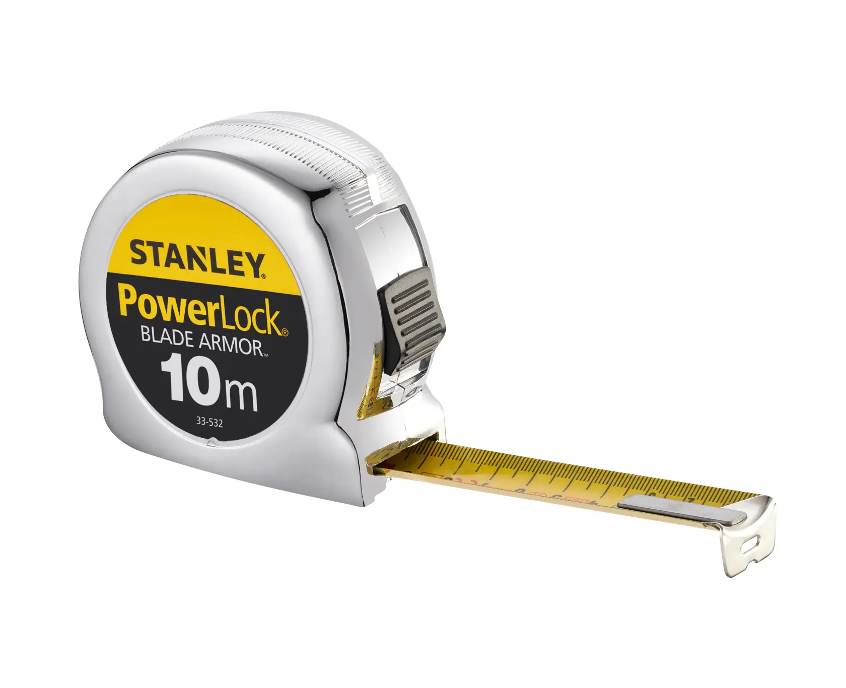 STANLEY 0-33-532 metro a nastro, corpo cromato, lama gialla 10m, PowerLock Blade Armor, vista frontale su sfondo bianco.