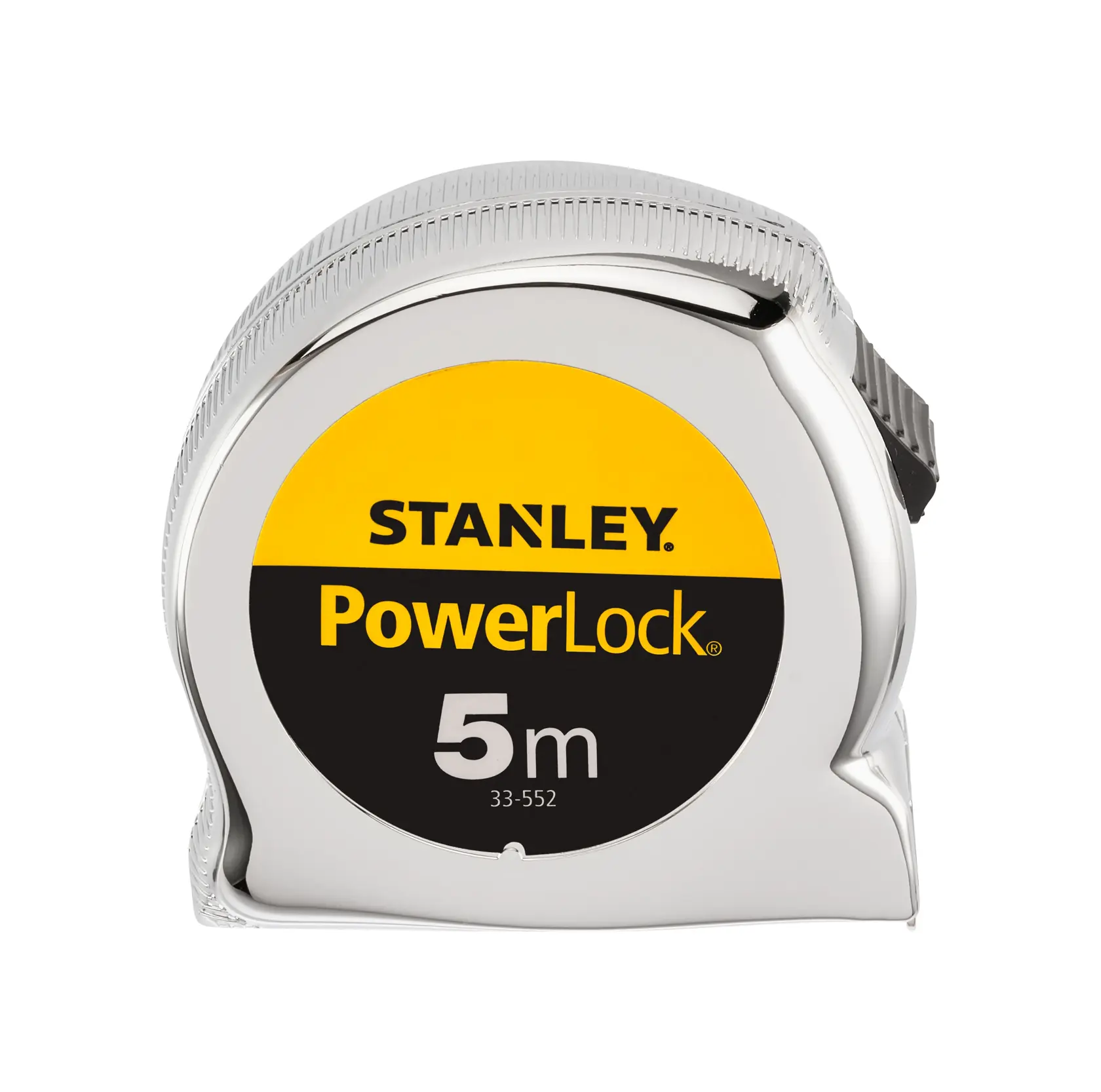 STANLEY 0-33-552 metro a nastro, serie PowerLock, 5m, corpo argentato, vista frontale su sfondo bianco.