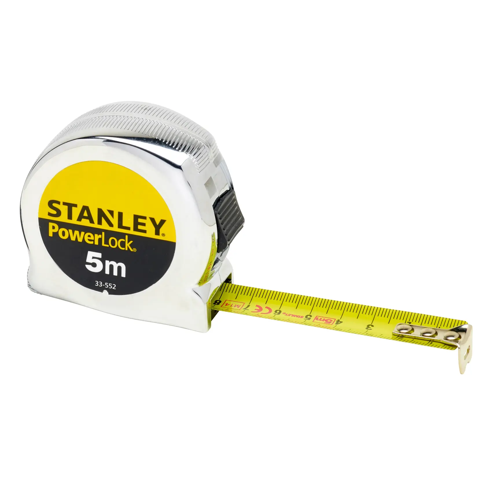 STANLEY PowerLock 5m metro a nastro 0-33-552, vista frontale, nastro giallo esteso, corpo cromato.