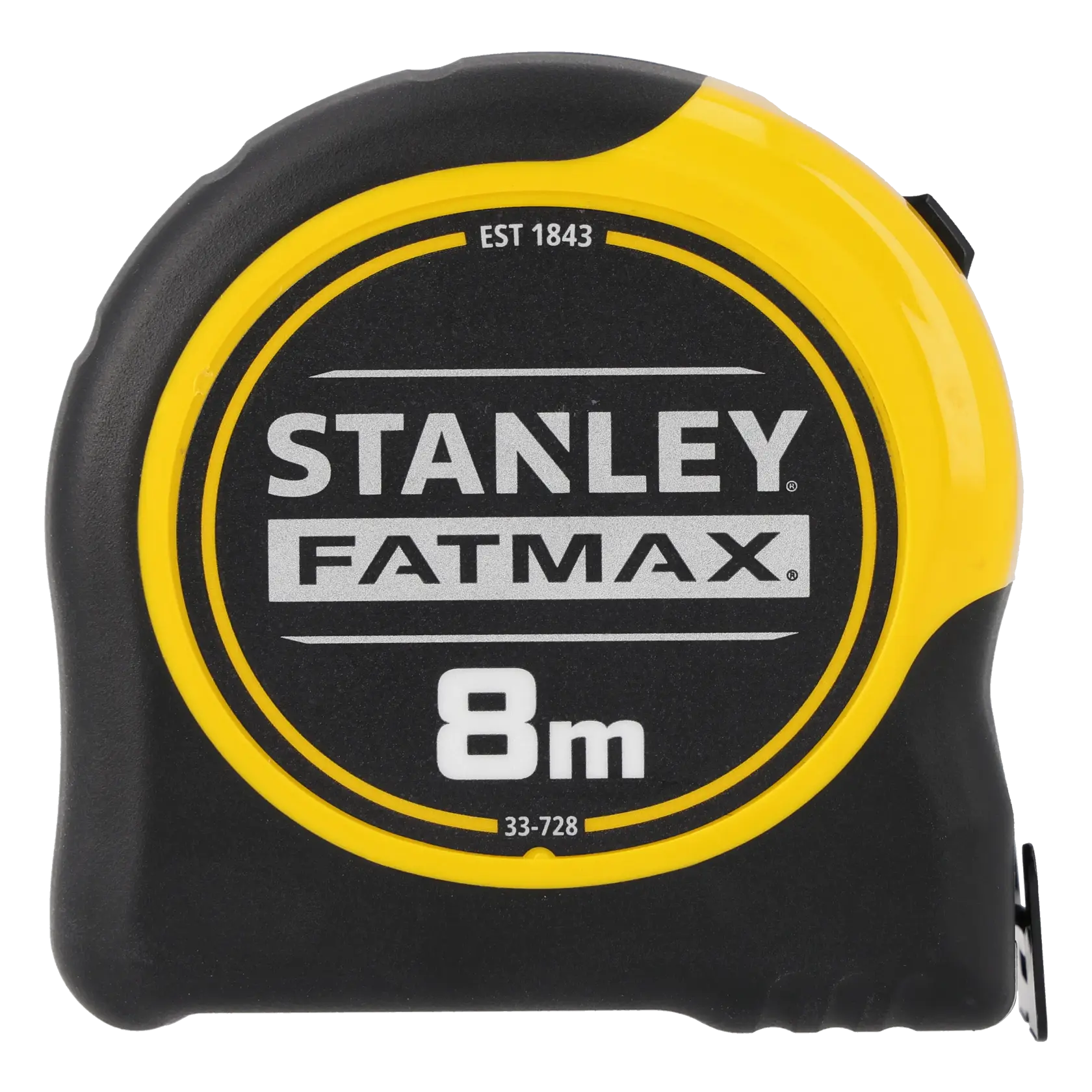 Metro a nastro Stanley 0-33-728, serie FATMAX, custodia nera e gialla, vista frontale, 8 metri.