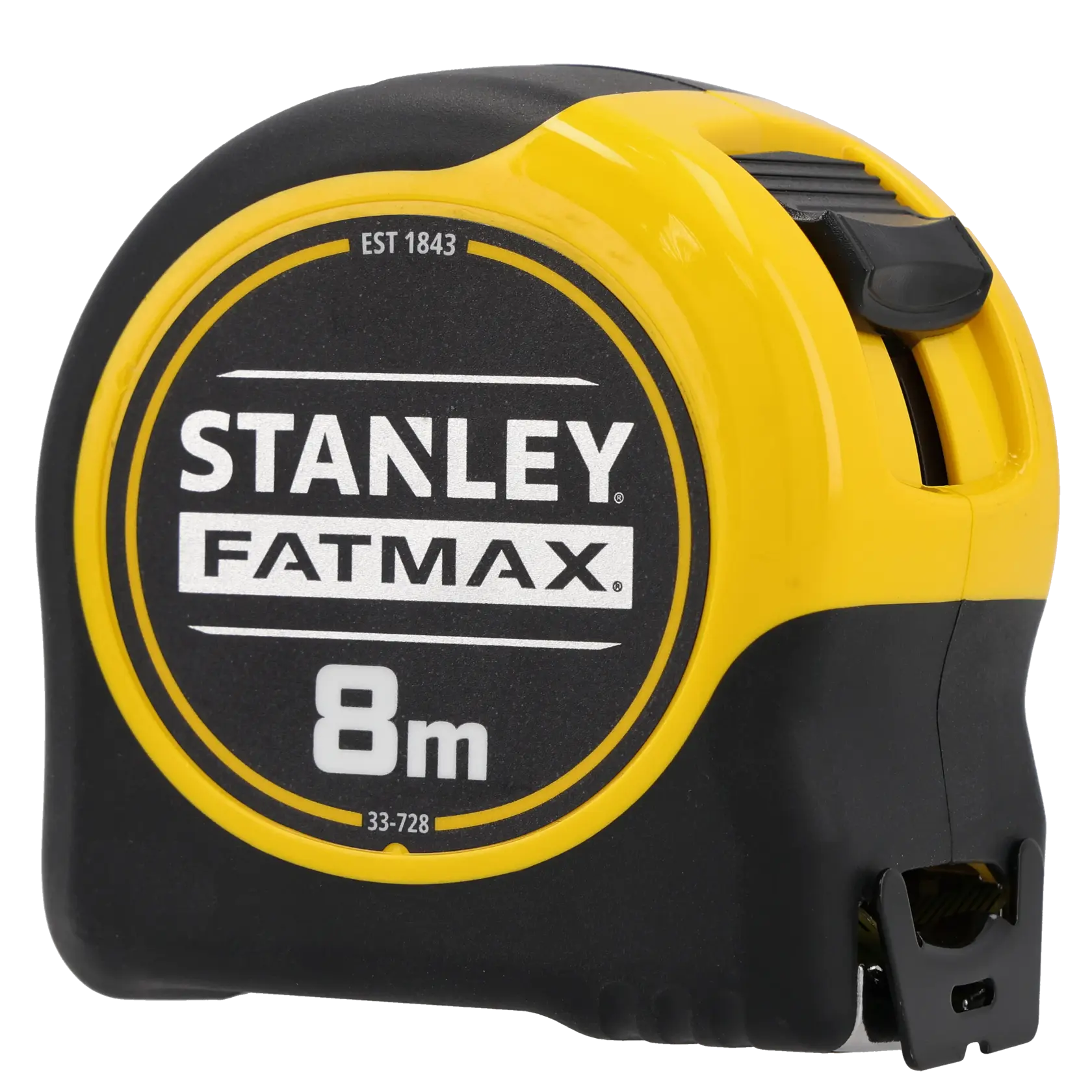 STANLEY 0-33-728 metro a nastro, 8 metri, serie FATMAX, nero e giallo, vista frontale su sfondo bianco.