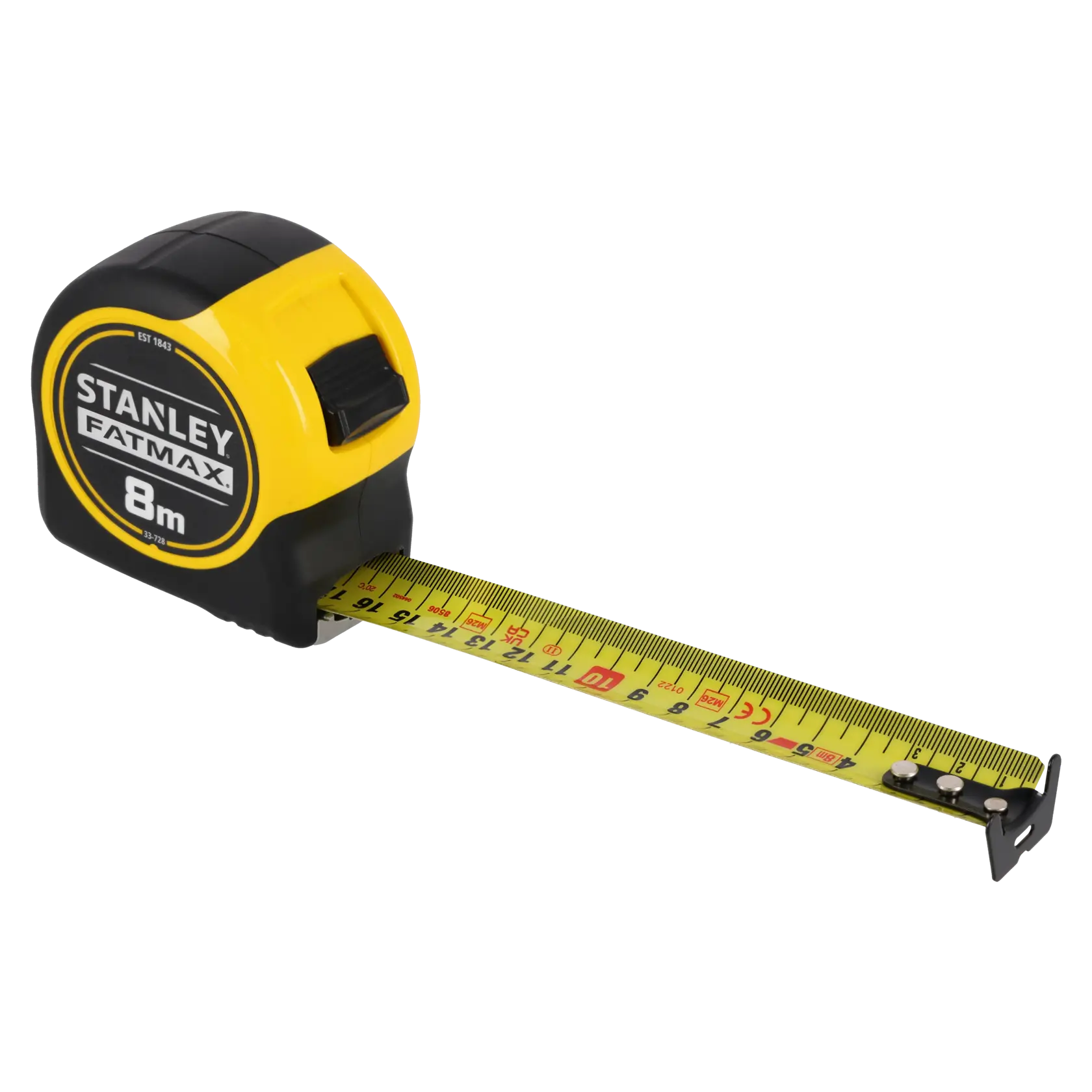 STANLEY 0-33-728 metro a nastro, FATMAX 8m, custodia nera e gialla, lama gialla estesa, vista frontale.