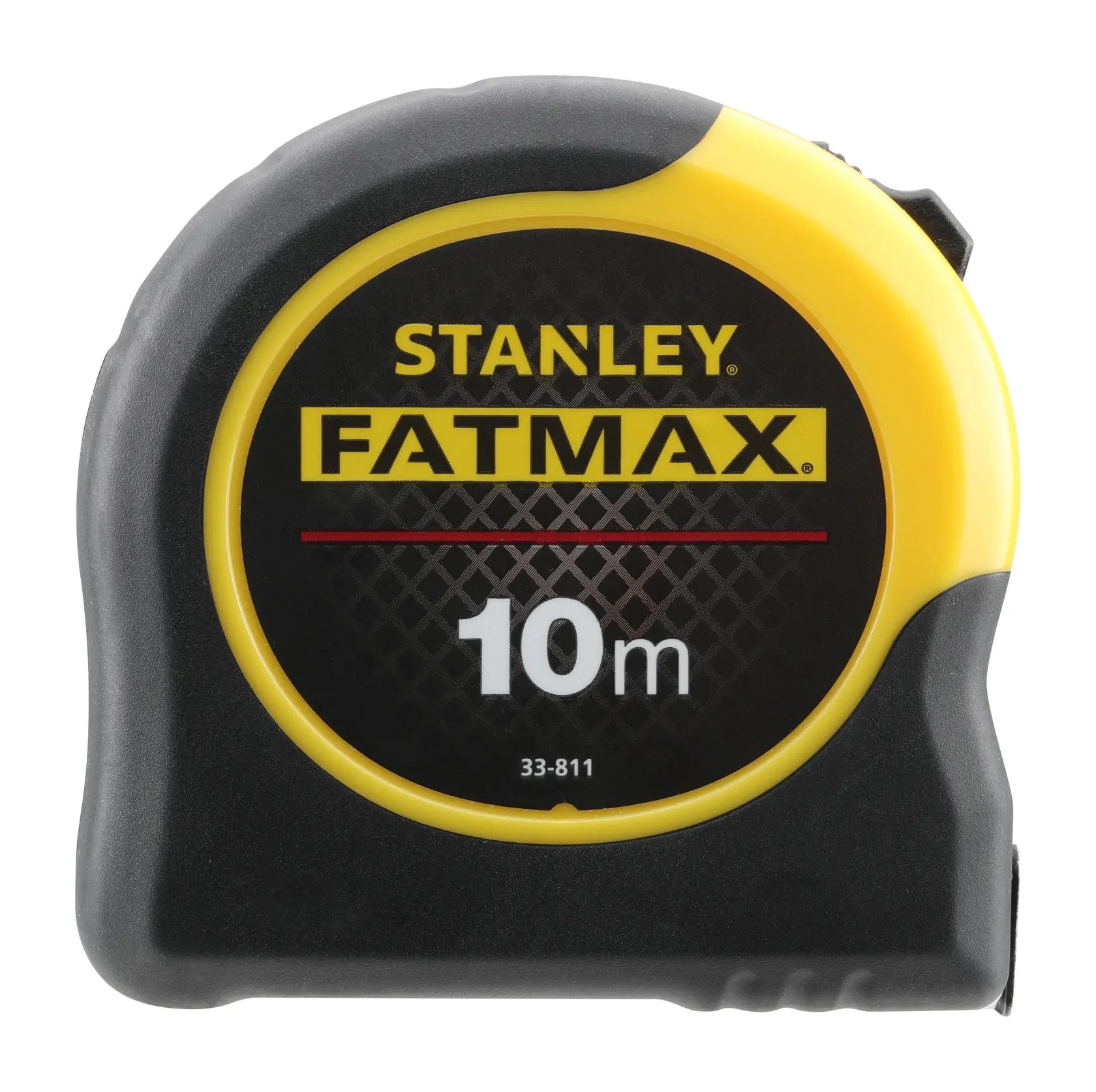 STANLEY 0-33-811 FATMAX metro a nastro 10m, custodia nera e gialla, vista frontale del prodotto, sfondo bianco.