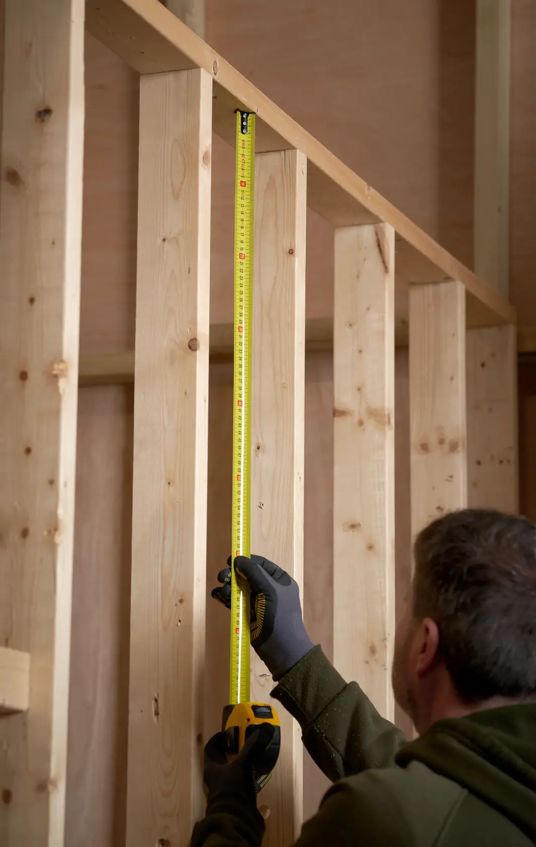 STANLEY 0-33-811 metro a nastro misura una trave di legno verticale in cantiere.