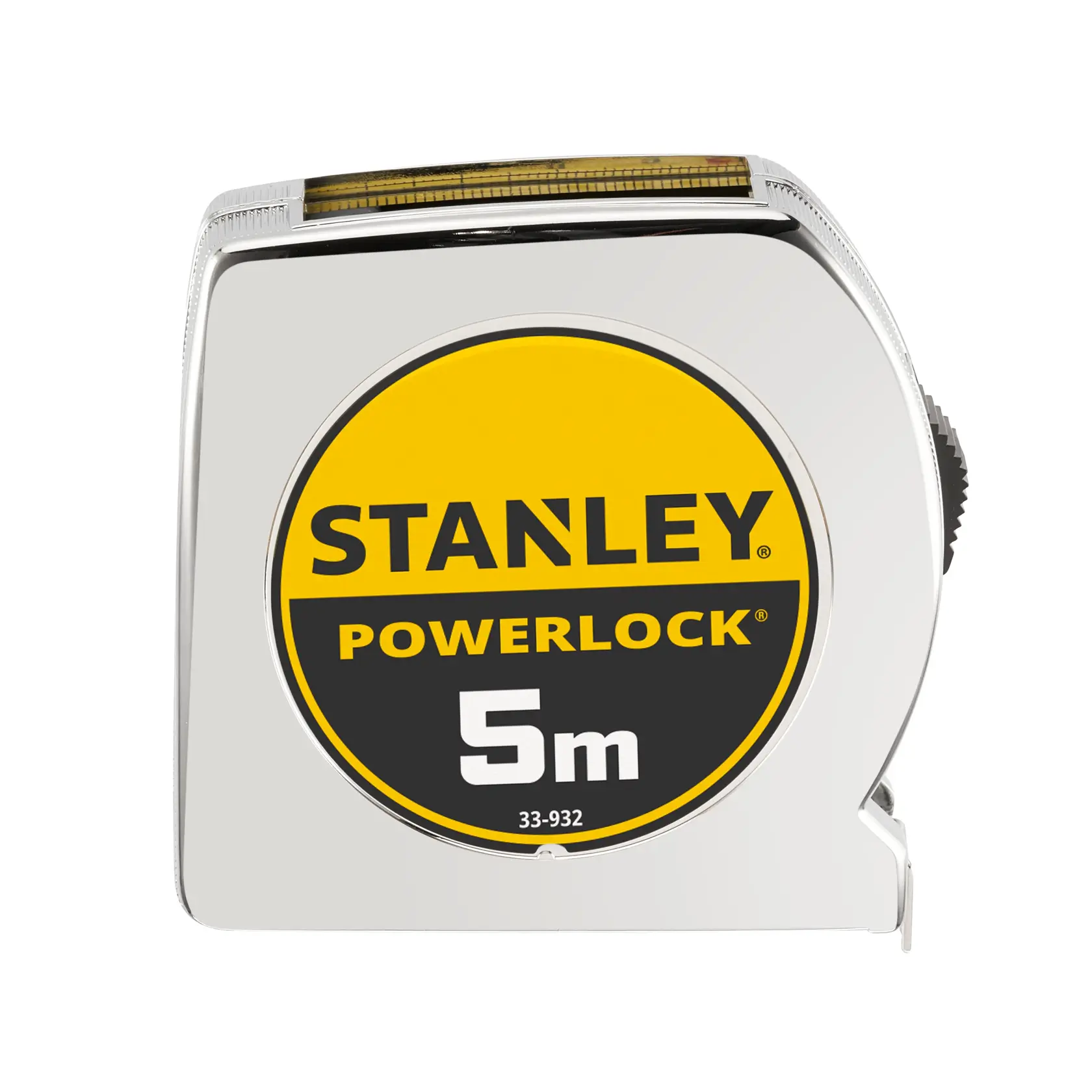 Foto del metro a nastro STANLEY 0-33-932 PowerLock 5m, vista frontale, custodia argento e gialla.