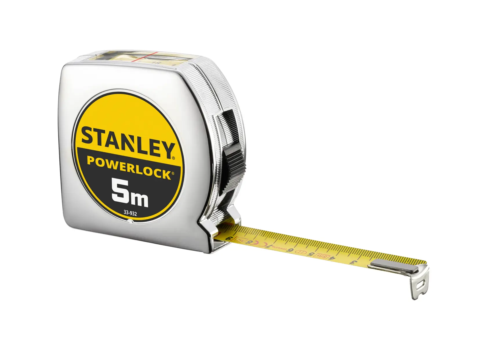 Foto del metro STANLEY 0-33-932, modello PowerLock 5m, lama gialla, cassa cromata, vista angolata.
