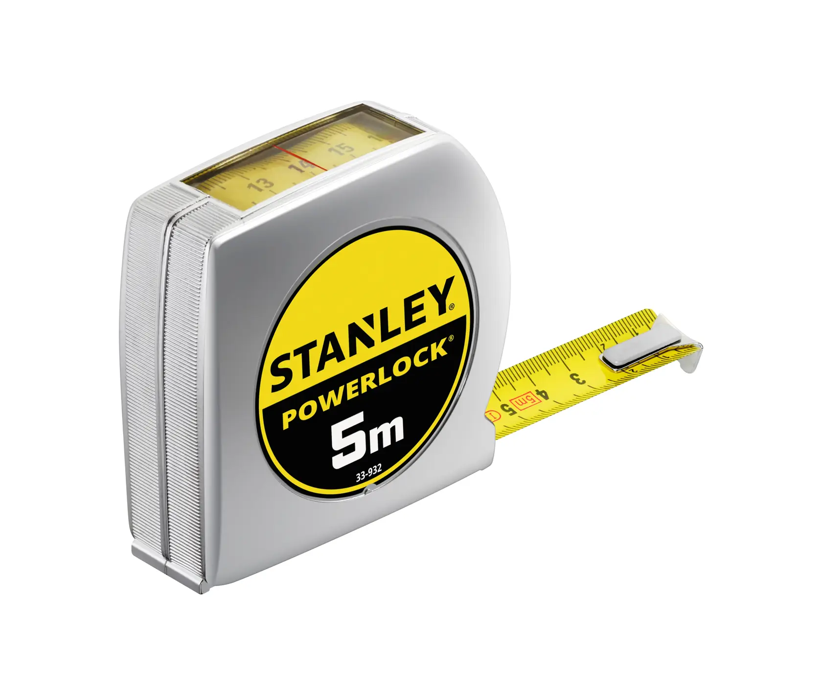 STANLEY 0-33-932 PowerLock metro a nastro 5m, argento e giallo, angolato su sfondo bianco.