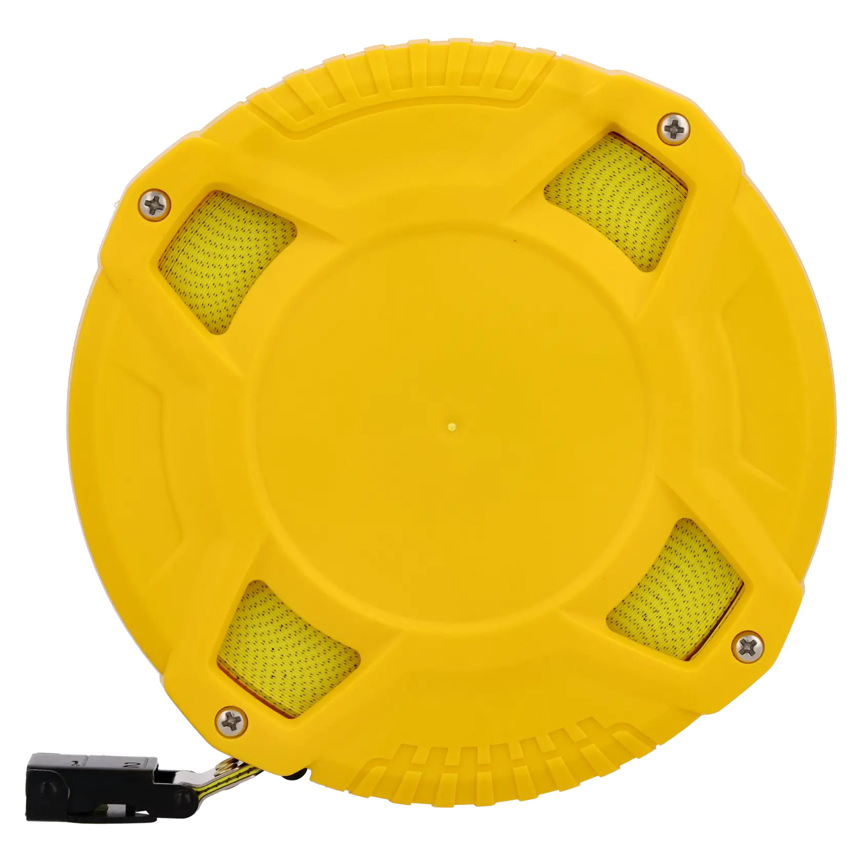 STANLEY 0-34-296 metro avvolgibile giallo, vista dall'alto, custodia in plastica resistente e estremità del nastro visibili.