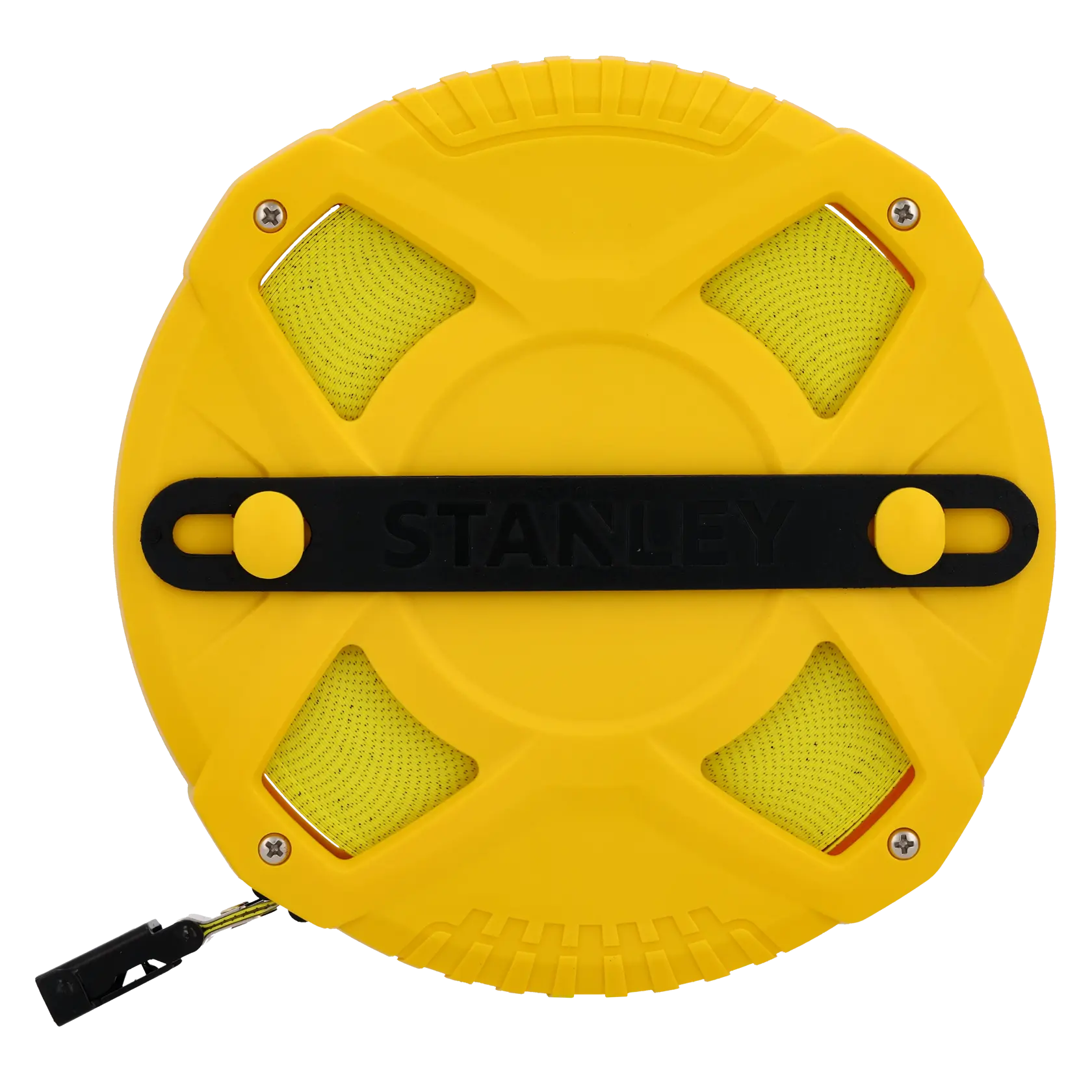 STANLEY 0-34-297 metro in fibra di vetro giallo, custodia rotonda, vista frontale, etichetta nera del marchio.