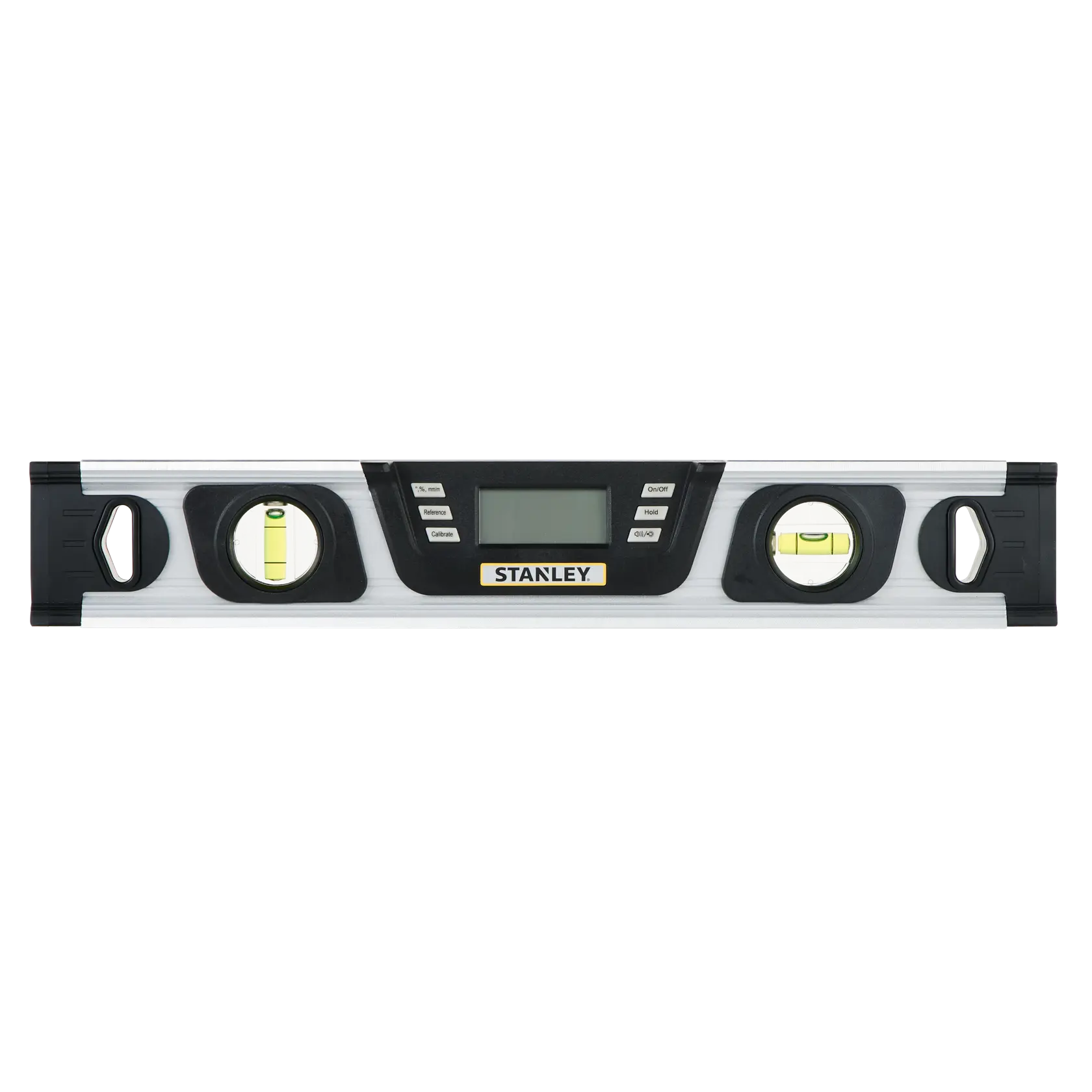 Livella digitale STANLEY 0-42-063 con display LCD, corpo argento e tre bolle, vista frontale.