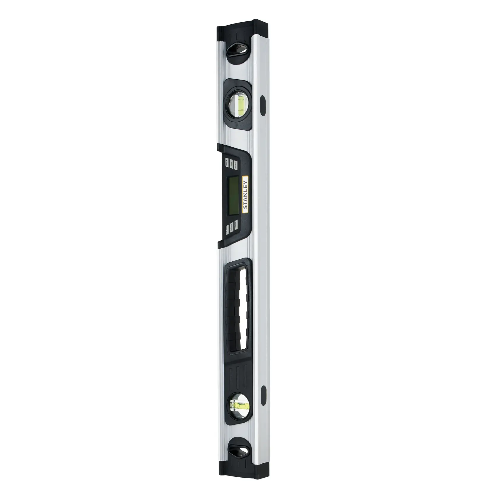 Foto della livella digitale STANLEY 0-42-065 con display LCD, tre fiale, nero e argento, vista frontale.
