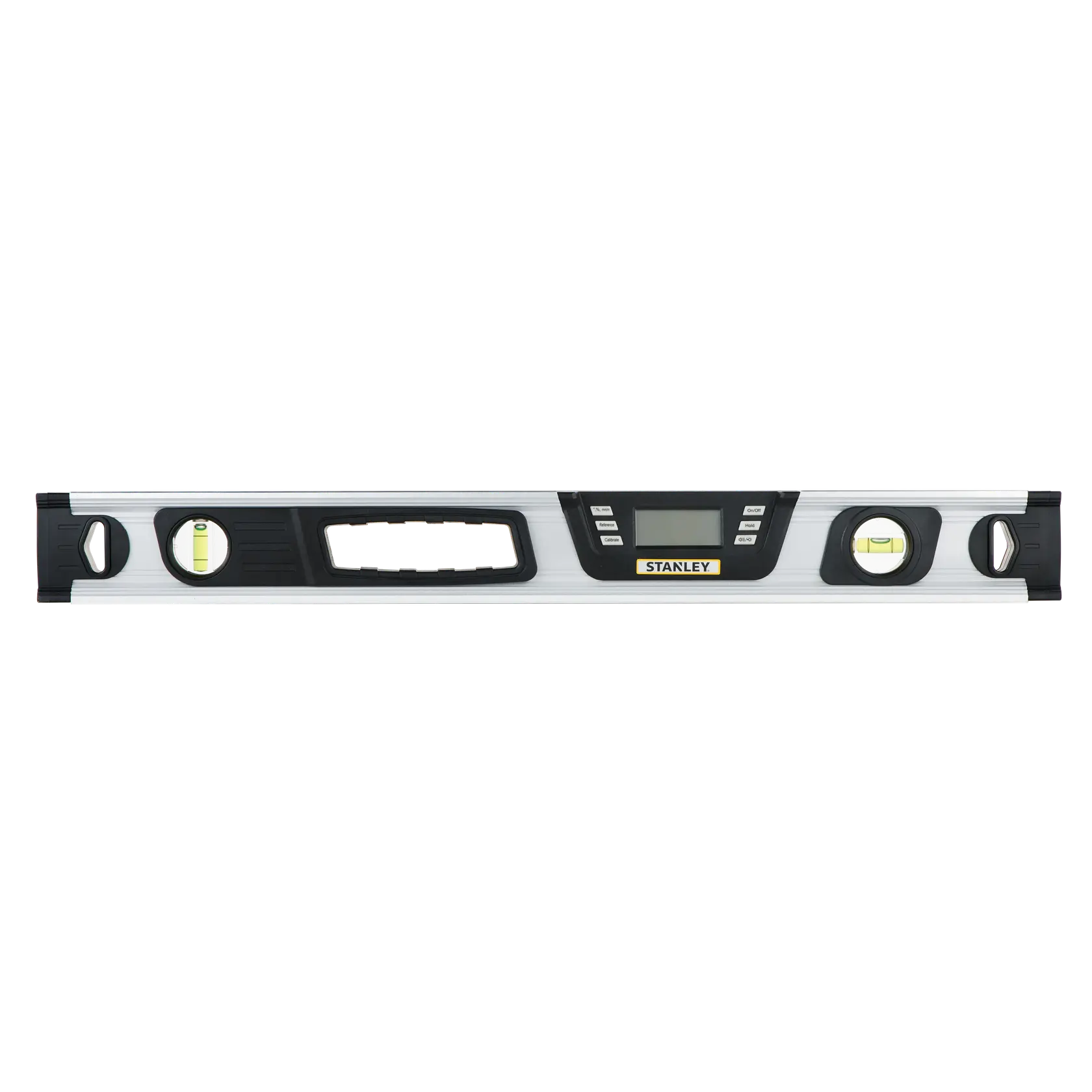 Livella digitale STANLEY 0-42-065 con display LCD, argento e nero, vista frontale su sfondo bianco.