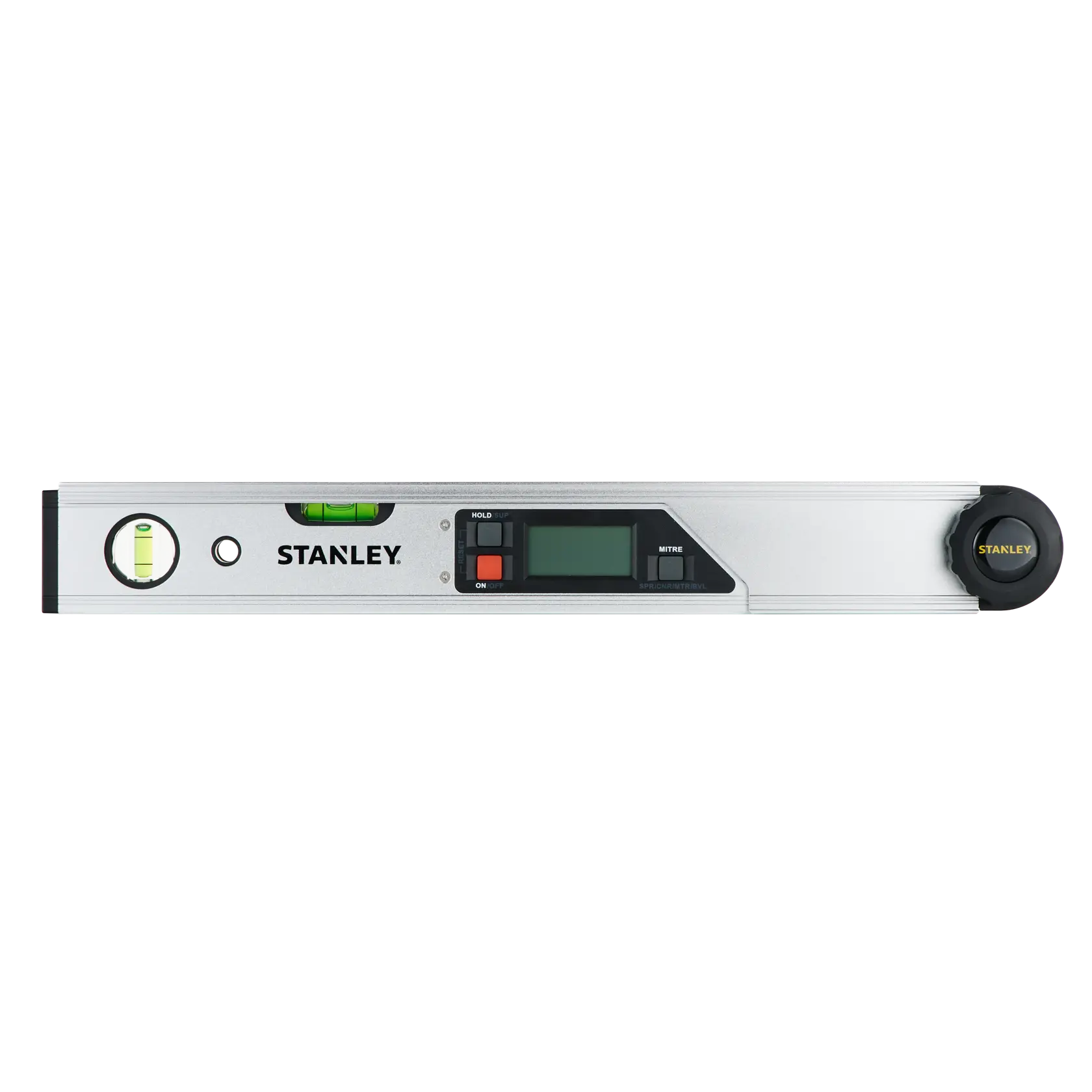 Foto del livello digitale STANLEY 0-42-087 con display LCD e due fiale, vista frontale.