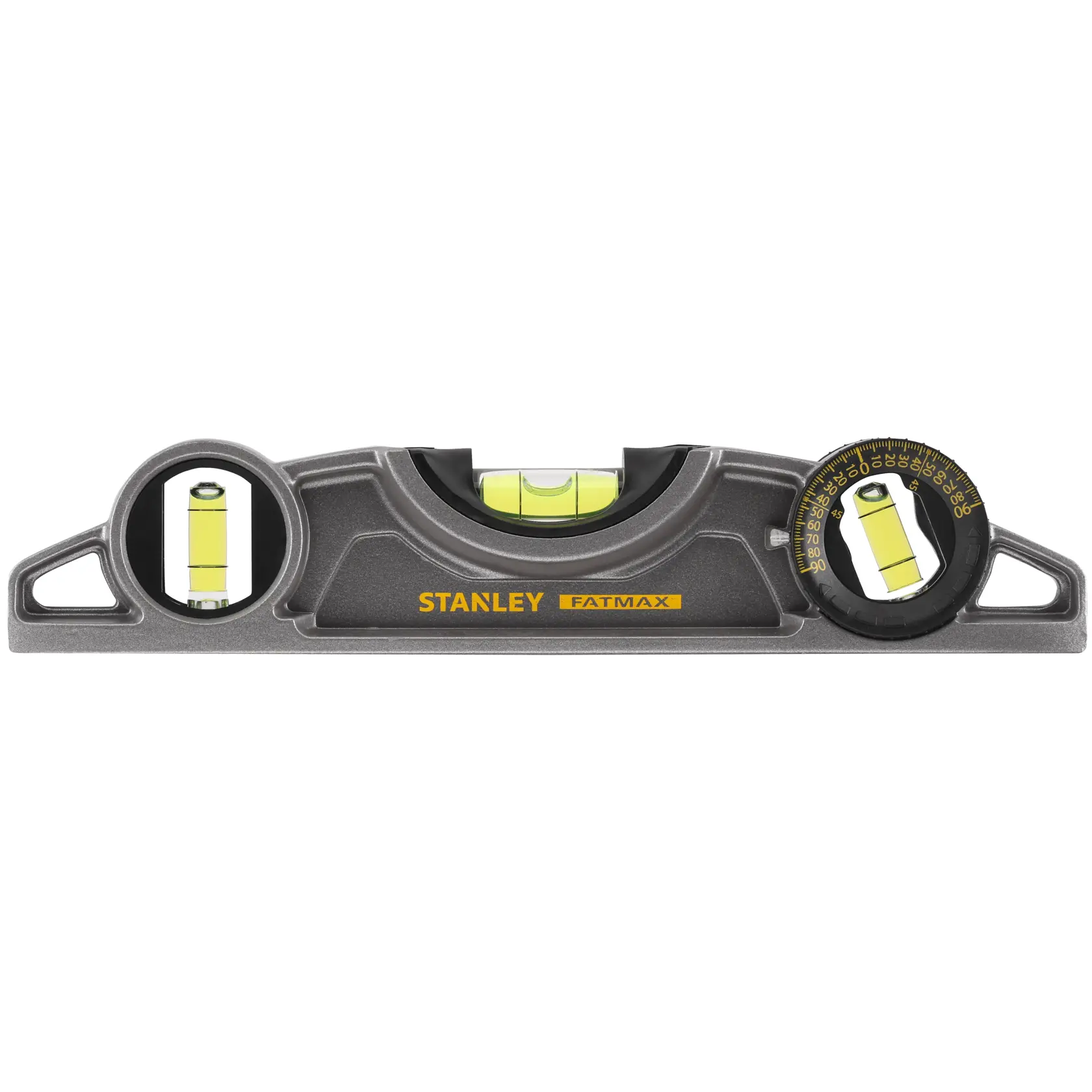 STANLEY 0-43-609 FATMAX livella torpedo con tre fiale e goniometro, vista frontale su sfondo bianco.