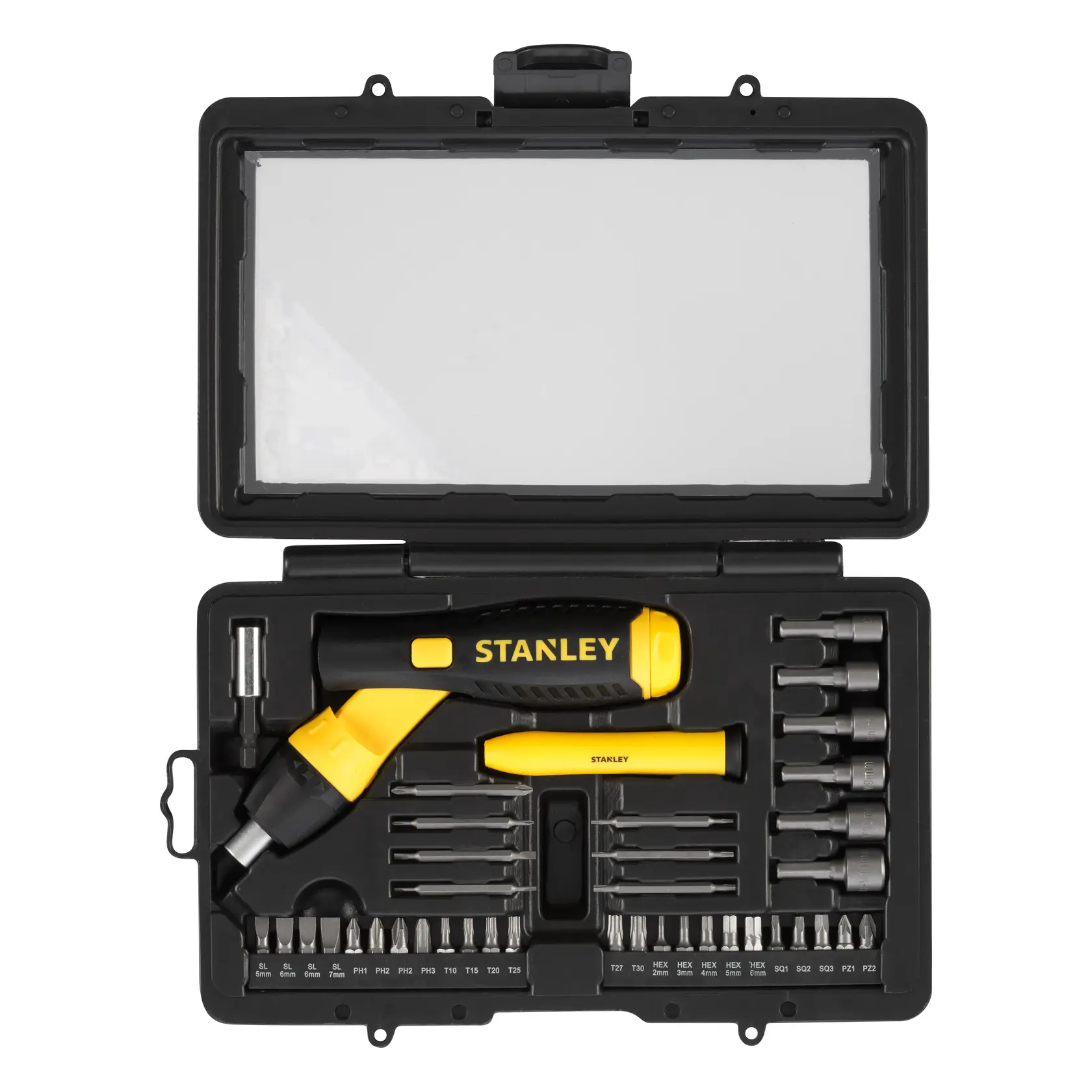 STANLEY 0-63-038 set cacciavite e inserti nero e giallo con manico a cricchetto e vari inserti, vista dall’alto.
