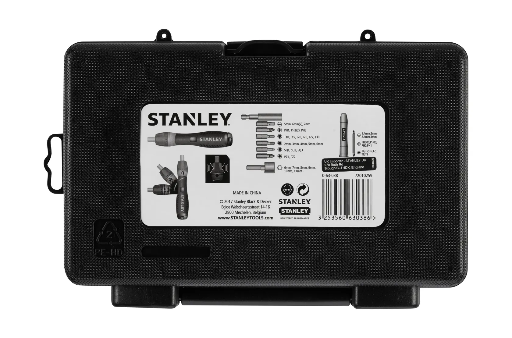 Foto della valigetta set cacciaviti STANLEY 0-63-038 in plastica nera con etichetta e illustrazioni, retro.