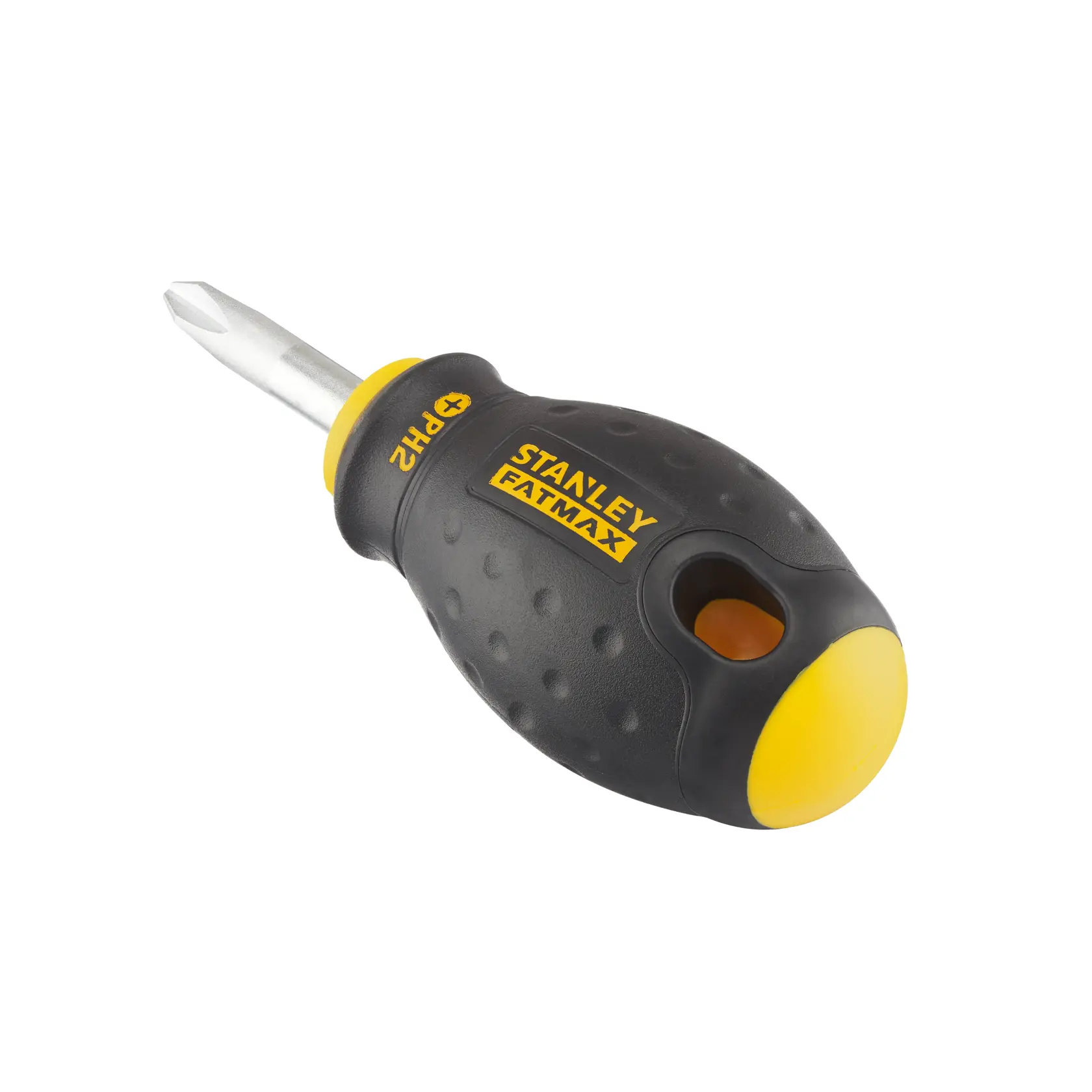 STANLEY 0-65-407 cacciavite Phillips corto, manico nero e giallo, vista laterale, sfondo bianco.