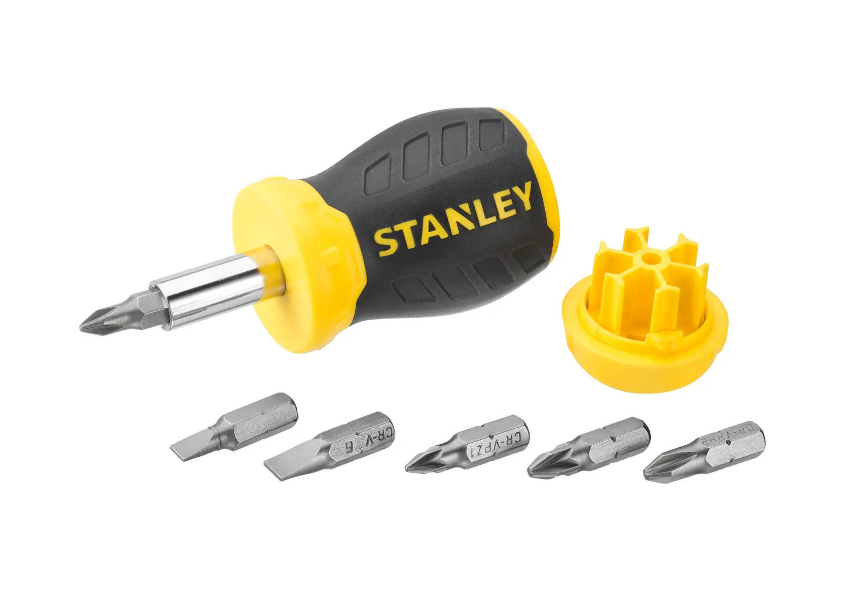 STANLEY 0-66-357 cacciavite a cricchetto compatto con manico giallo e nero, sei inserti e portainserti, vista frontale.