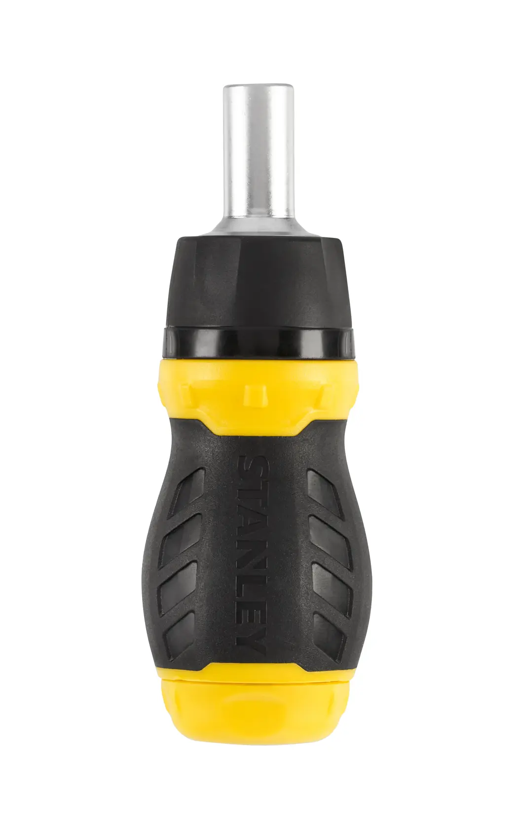 Foto del giravite corto STANLEY 0-66-358 con manico ergonomico giallo e nero, vista frontale su sfondo bianco.