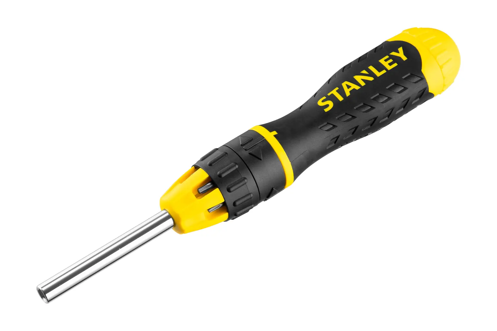 Cacciavite STANLEY 0-68-010 con manico ergonomico nero e giallo, angolo frontale su sfondo bianco.