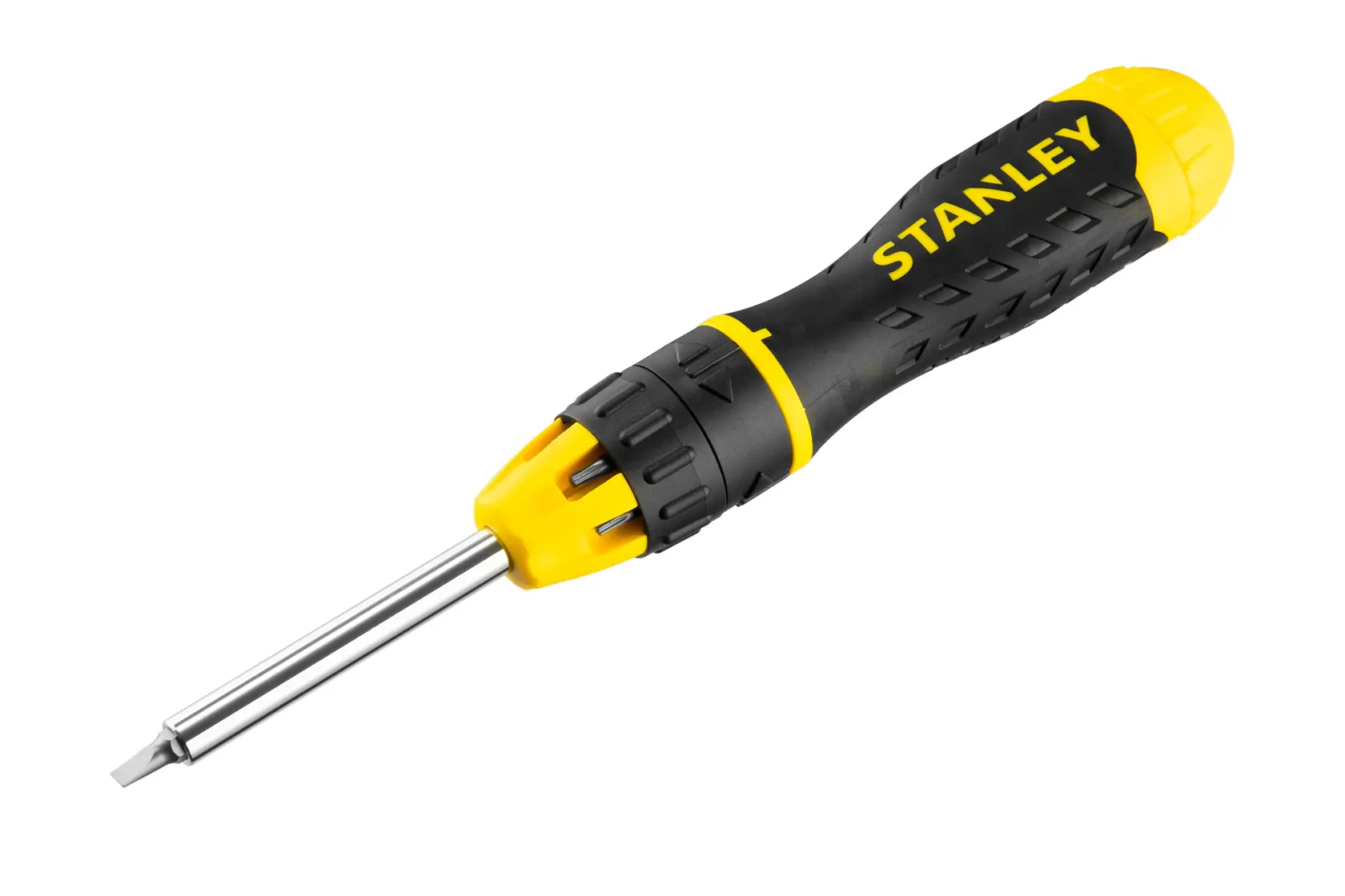 Cacciavite STANLEY 0-68-010 con manico ergonomico nero e giallo, vista laterale su sfondo bianco.