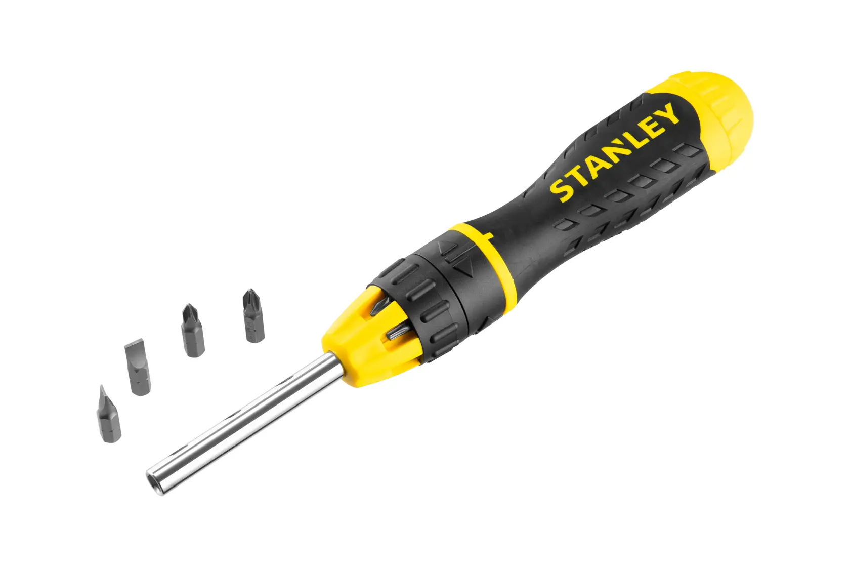 Cacciavite multi-bit STANLEY 0-68-010 con manico nero e giallo, cinque punte intercambiabili, vista frontale.