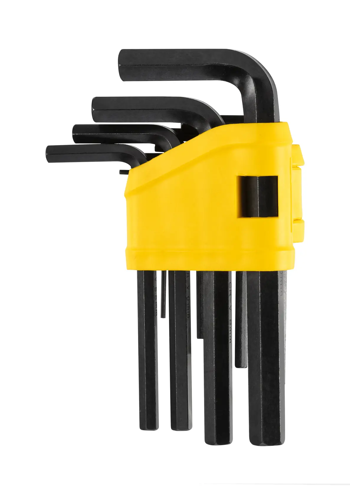 STANLEY 0-69-253 set di chiavi esagonali con chiavi a L nere in supporto giallo, angolo laterale su sfondo bianco.