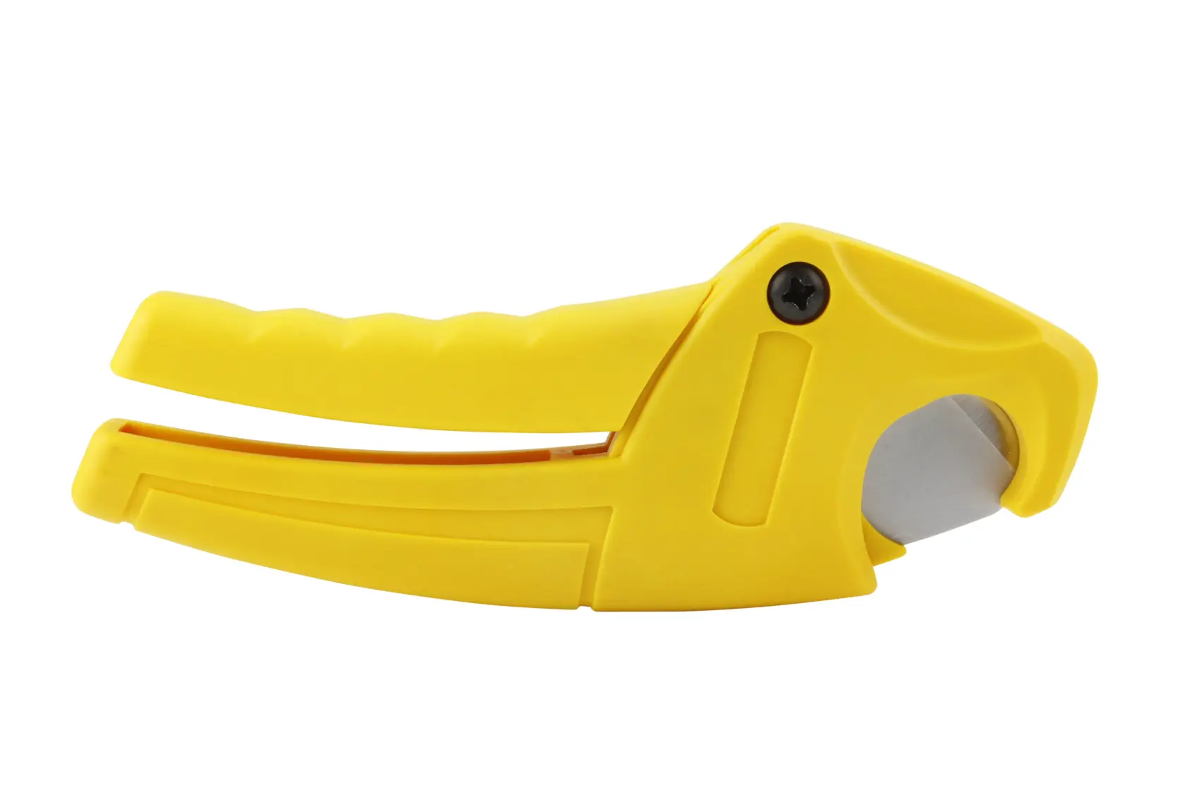 STANLEY 0-70-450 tagliatubi in plastica gialla, vista laterale, con lama curva e impugnatura ergonomica.