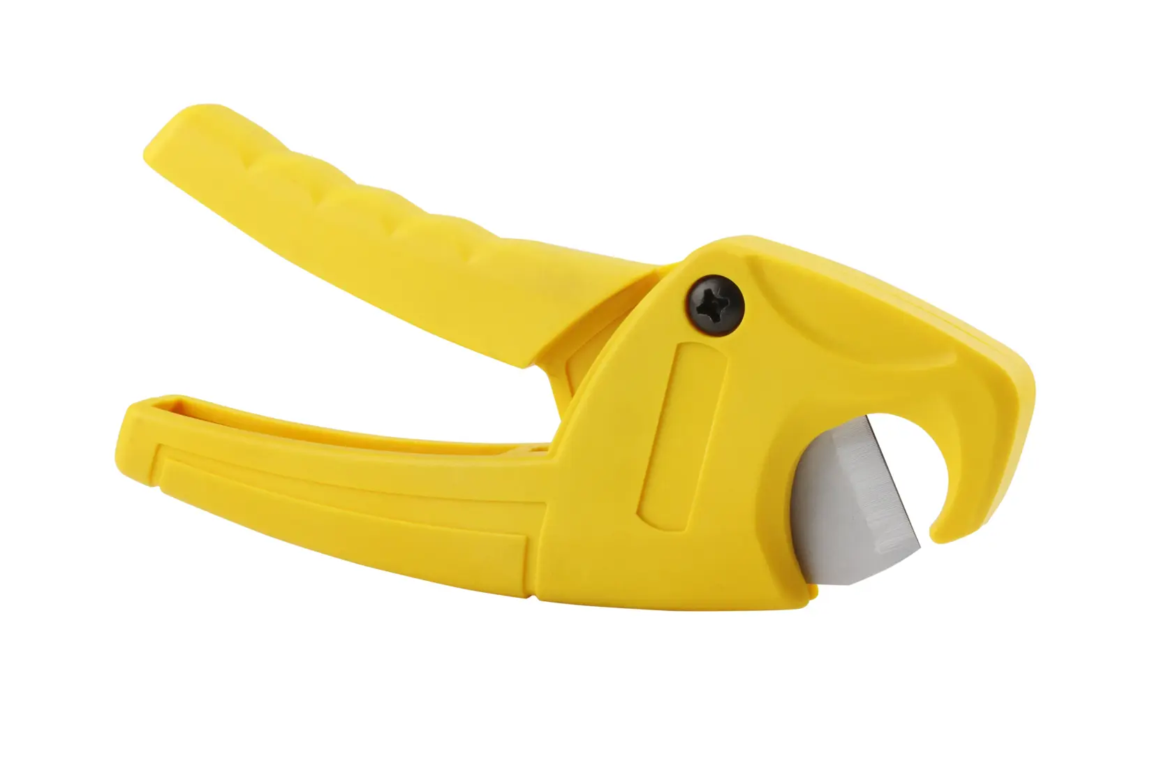 STANLEY 0-70-450 tagliatubi in plastica gialla, vista laterale, fotografia su sfondo bianco.