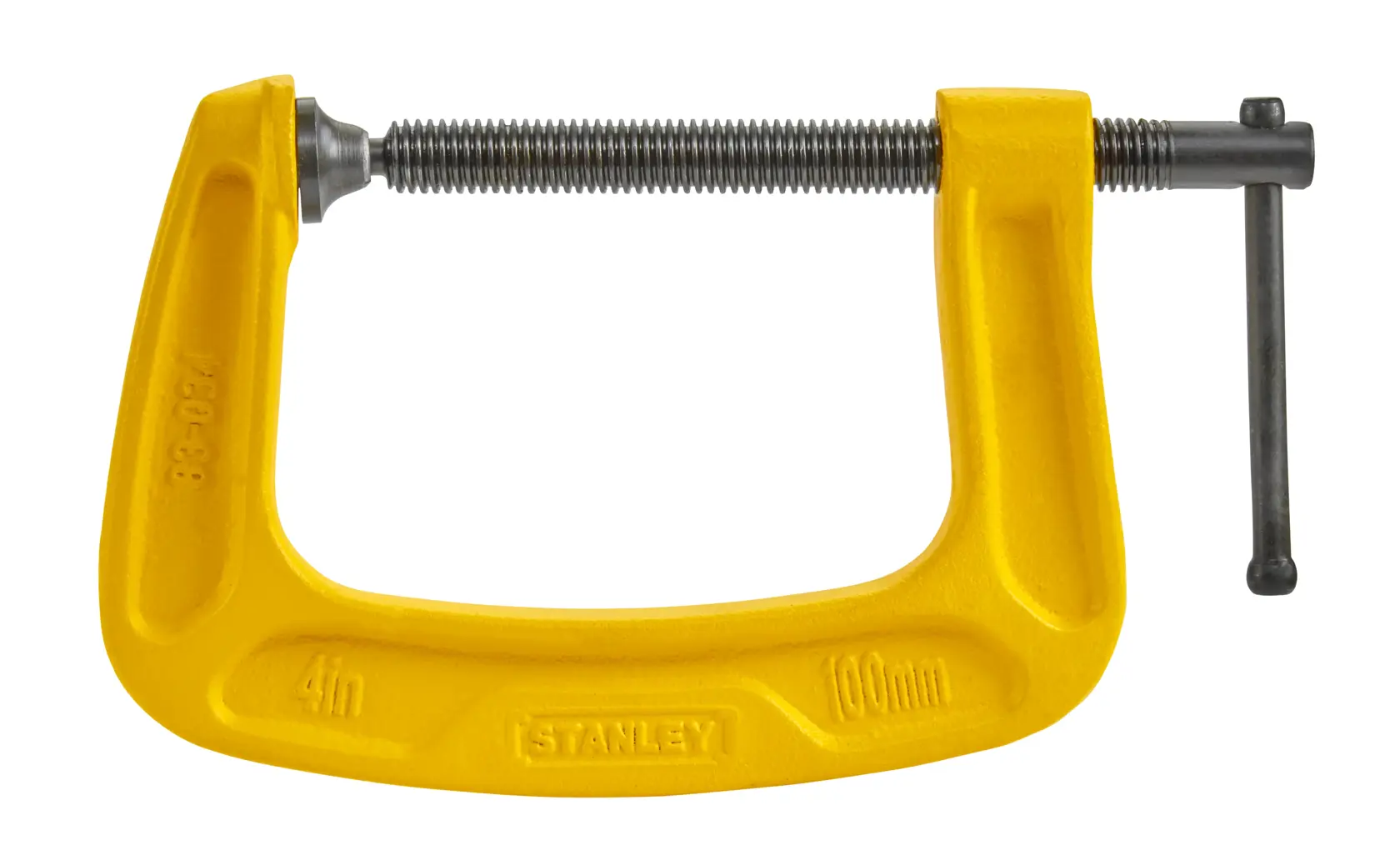 Morsetto STANLEY giallo da 4 pollici, con vite filettata e manico, per legno o metallo.